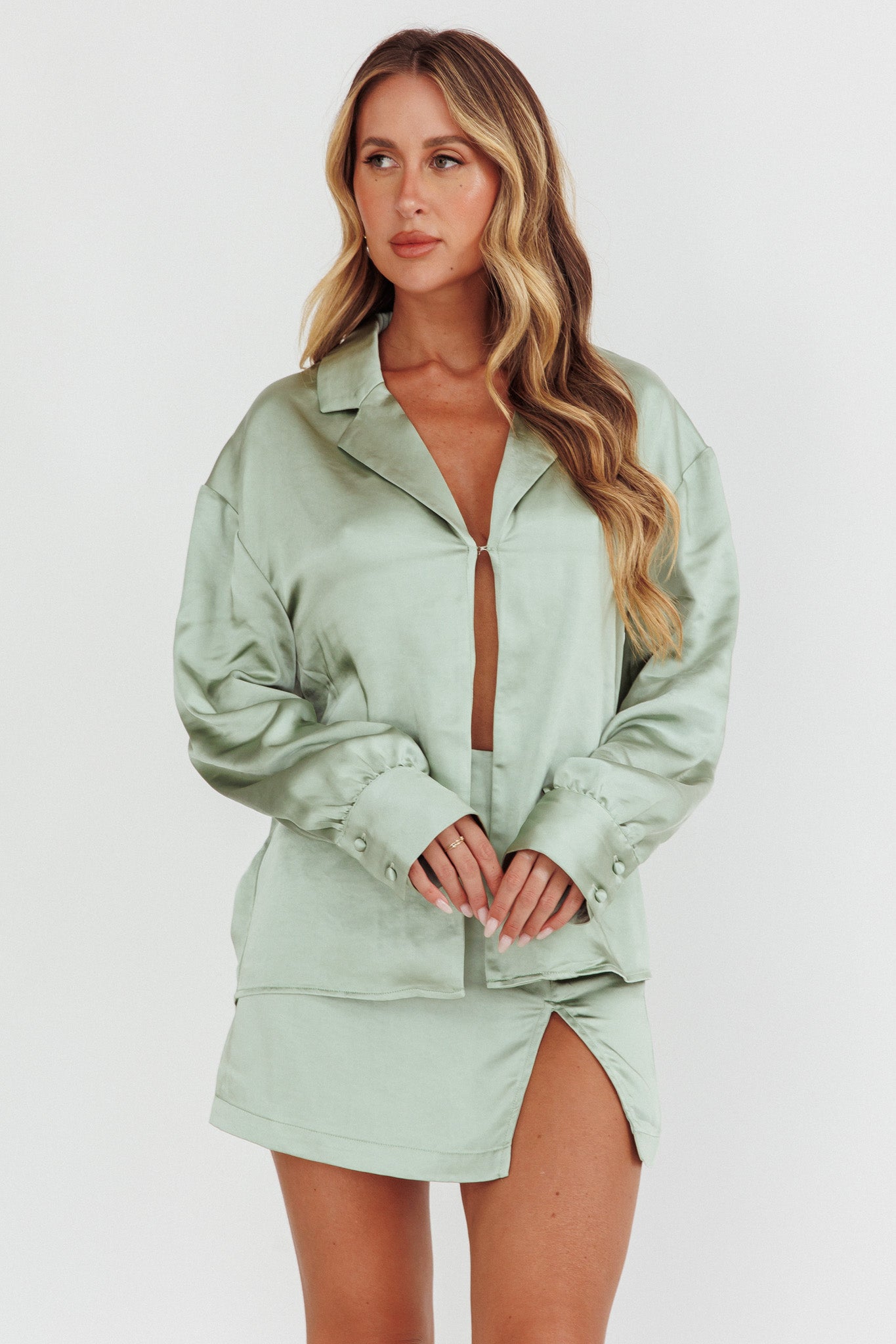 Coco Long Sleeve Satin Shirt Sage by Selfie Leslie