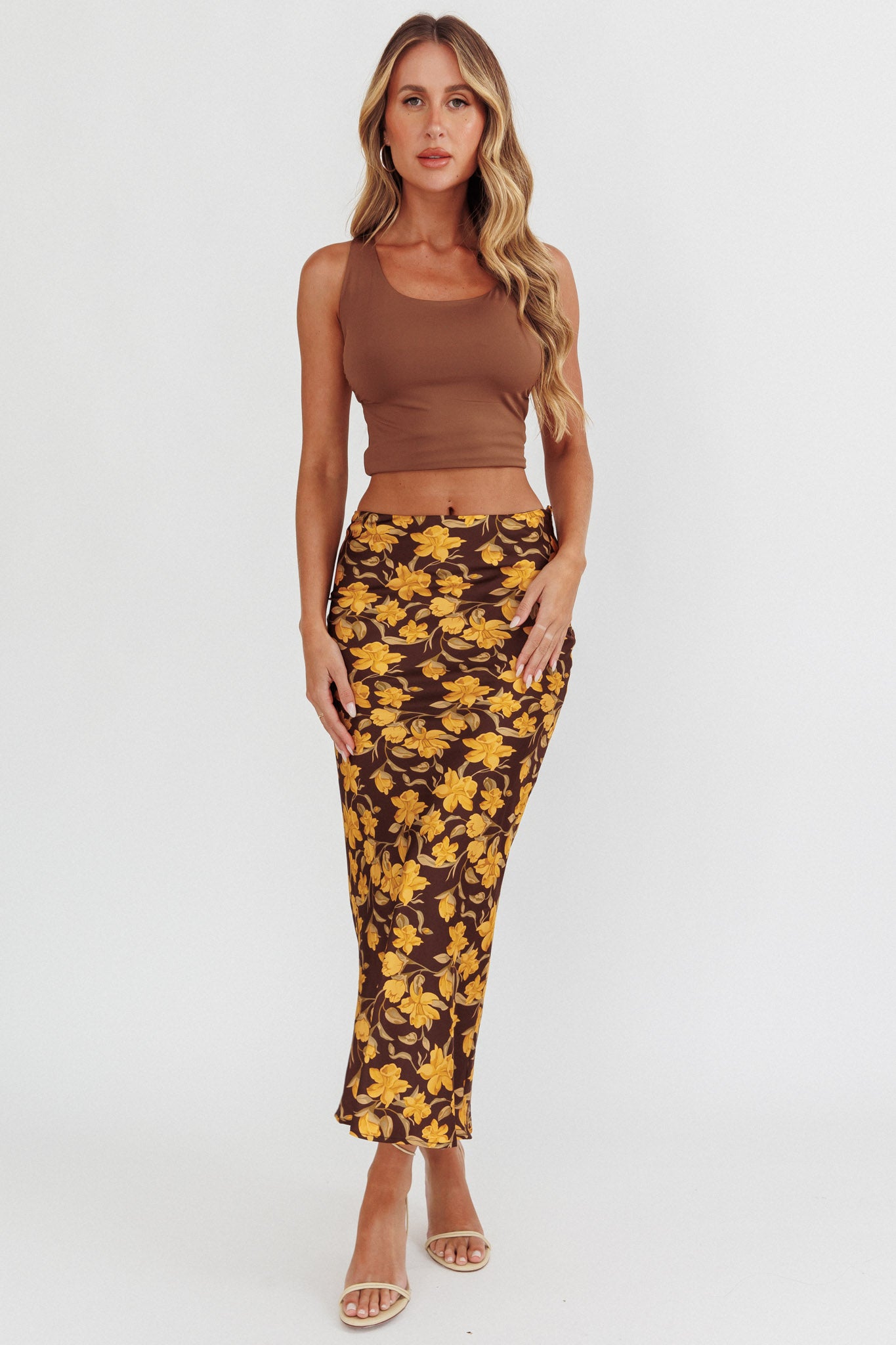 Wild Wanderings Midi Skirt Floral Brown by Selfie Leslie