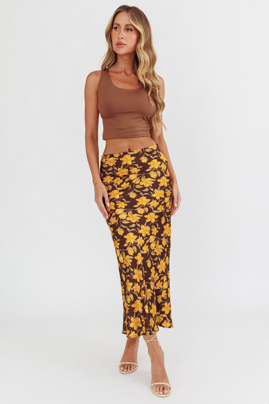 Wild Wanderings Midi Skirt Floral Brown by Selfie Leslie