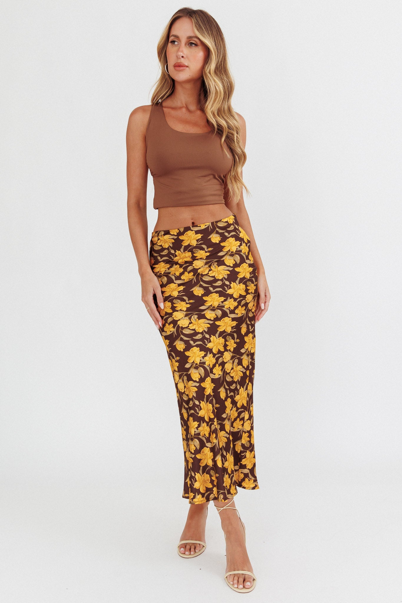 Wild Wanderings Midi Skirt Floral Brown by Selfie Leslie
