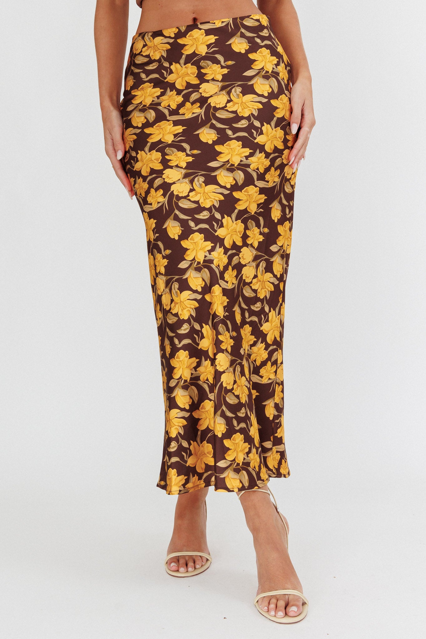 Wild Wanderings Midi Skirt Floral Brown by Selfie Leslie