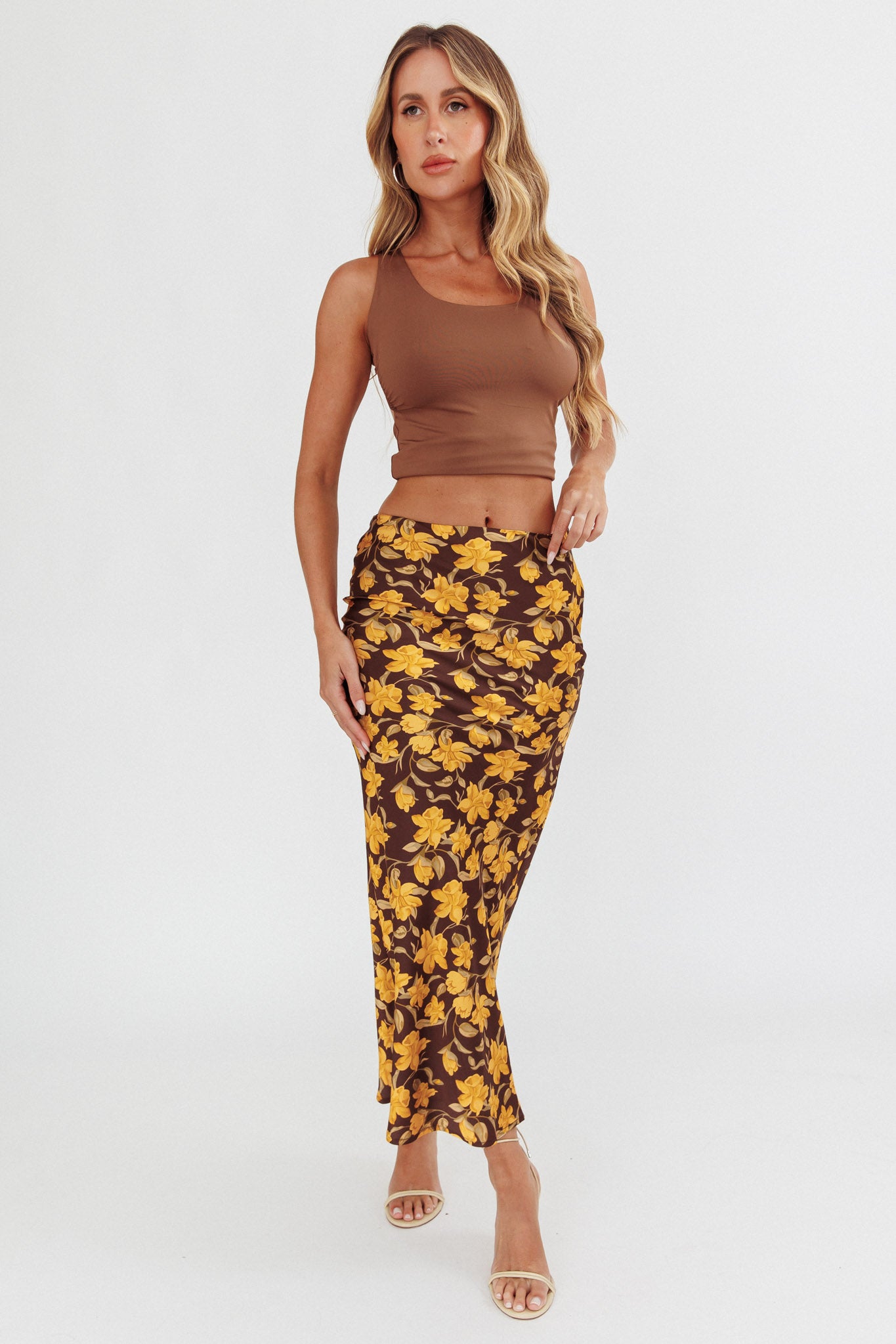 Wild Wanderings Midi Skirt Floral Brown by Selfie Leslie