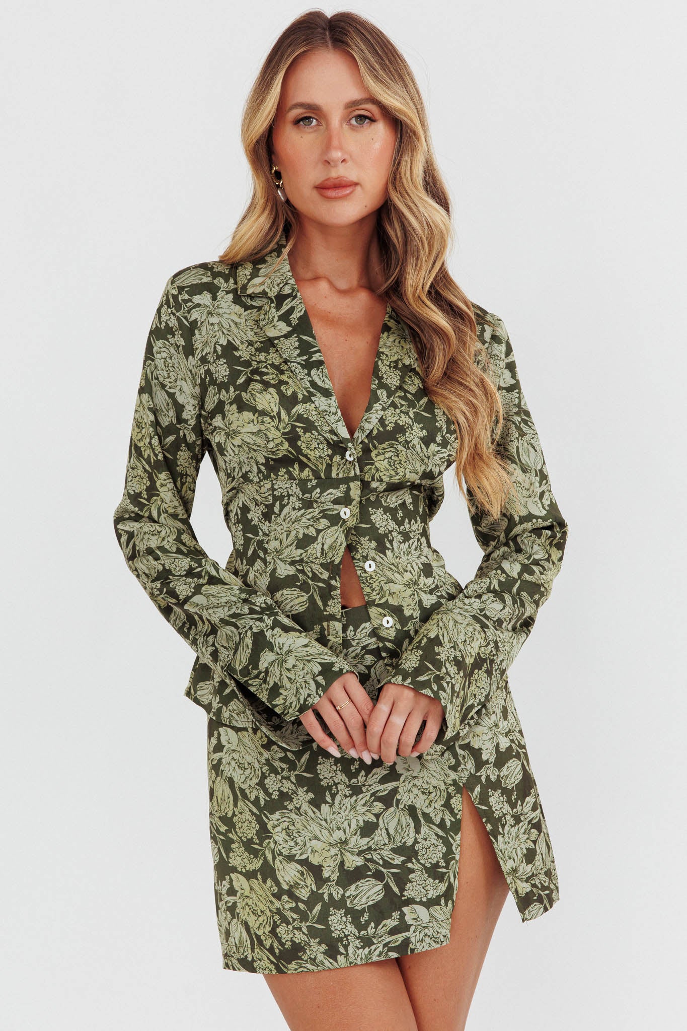 Caledonia Collared Button-Up Satin Shirt Floral Olive by Selfie Leslie