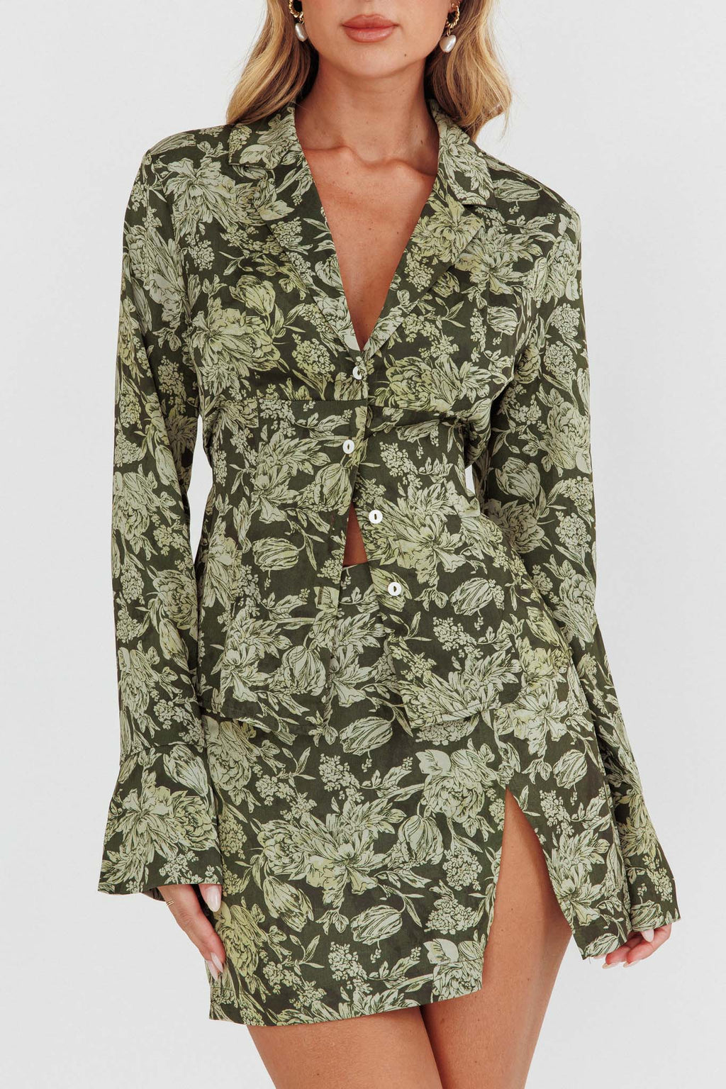 Caledonia Collared Button-Up Satin Shirt Floral Olive by Selfie Leslie