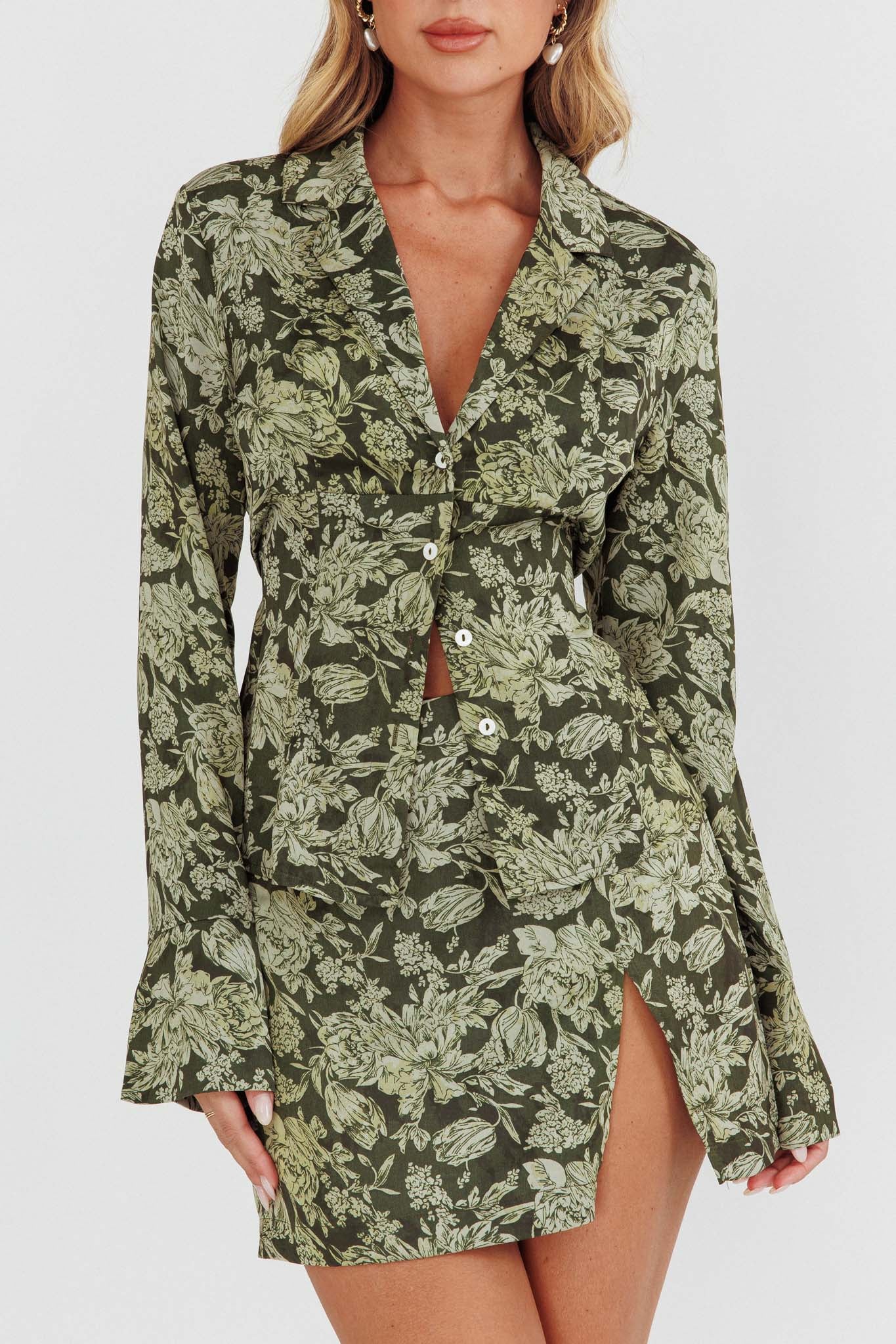 Caledonia Collared Button-Up Satin Shirt Floral Olive by Selfie Leslie
