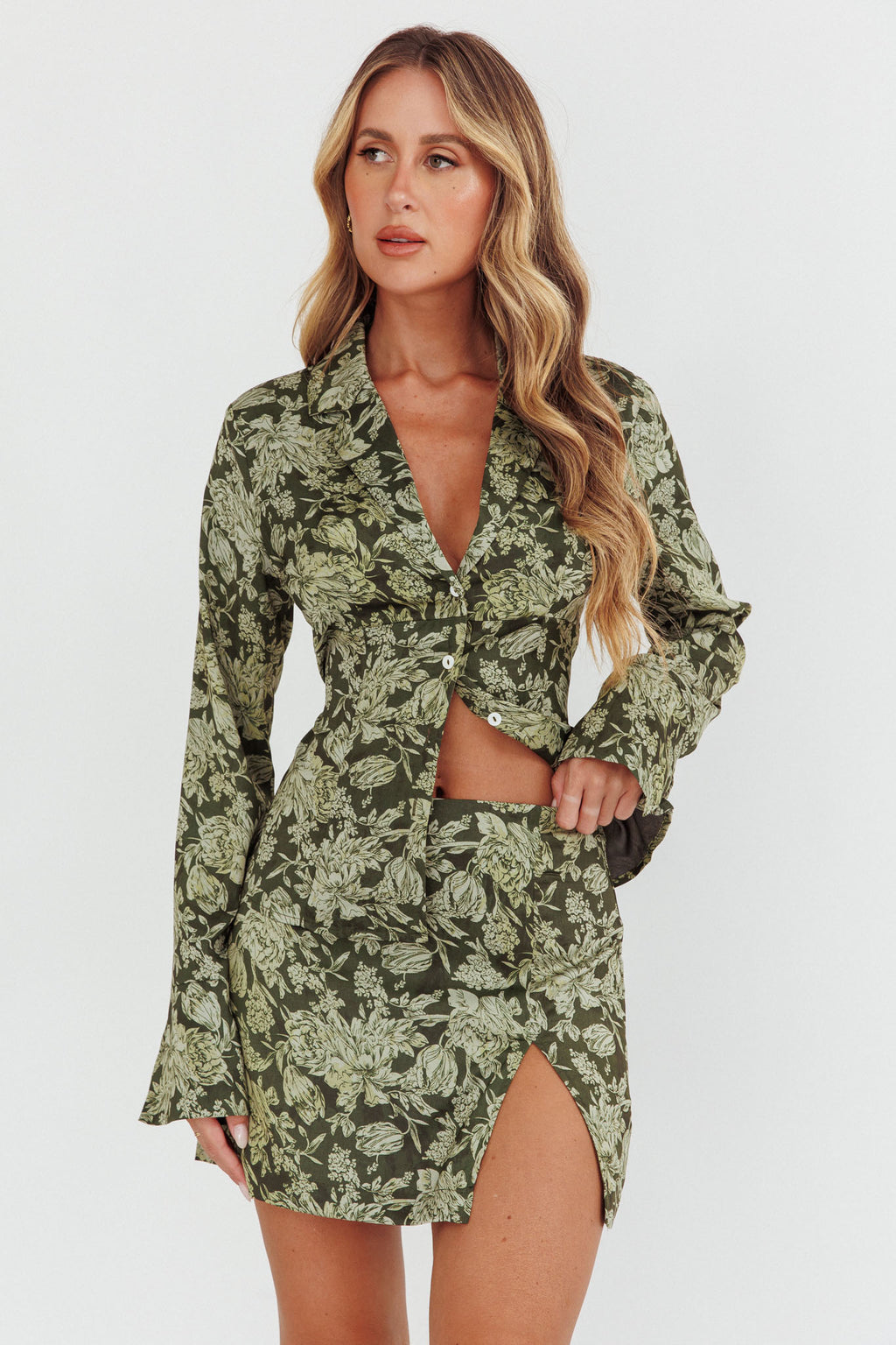 Caledonia Collared Button-Up Satin Shirt Floral Olive by Selfie Leslie