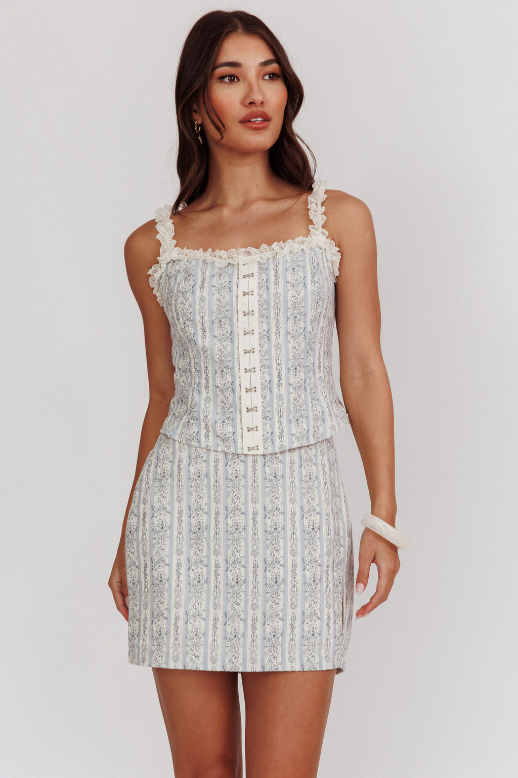 Palmas Hook & Eye Lace Trim Top Floral Blue by Selfie Leslie