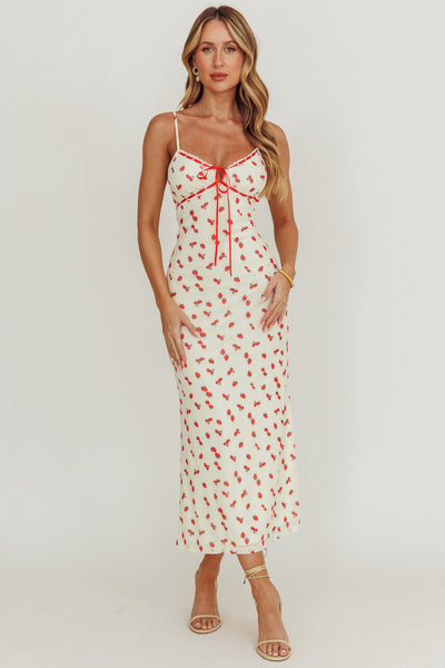 Shop the Heart Ablaze Strawberry Cherry Print Midi Dress Cream