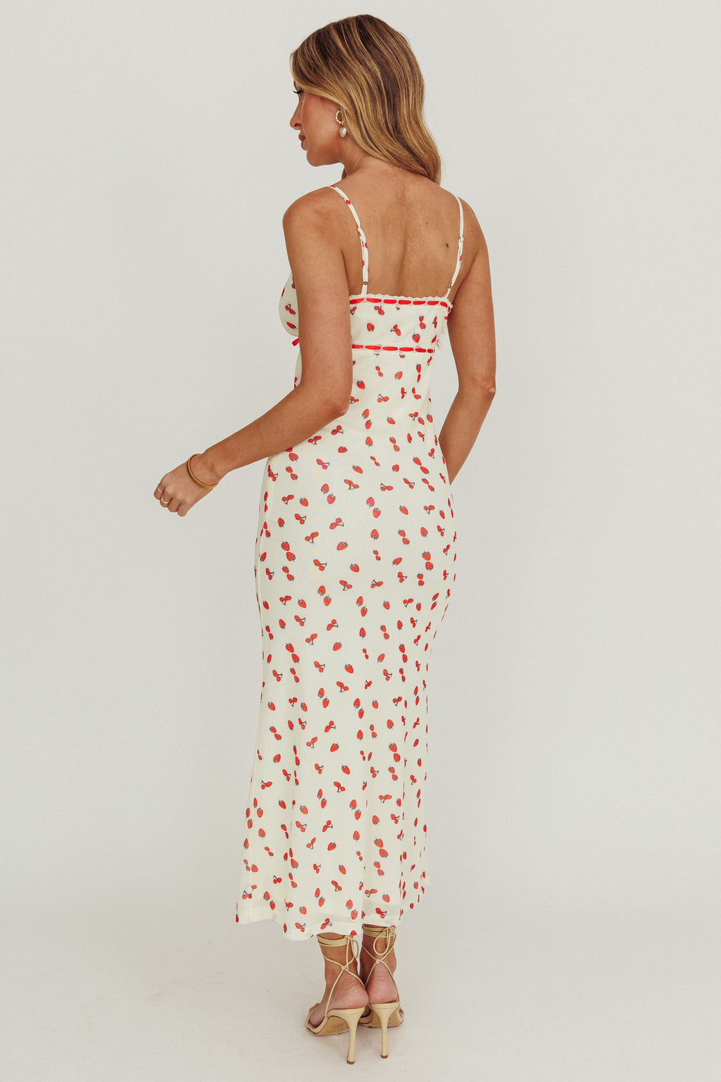 Heart Ablaze Strawberry Cherry Print Midi Dress Cream by Selfie Leslie