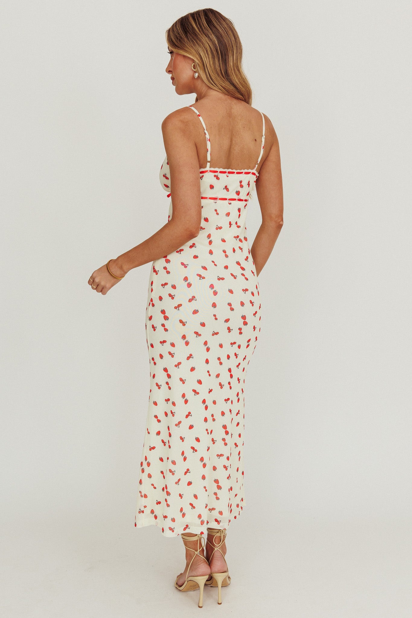 Heart Ablaze Strawberry Cherry Print Midi Dress Cream by Selfie Leslie