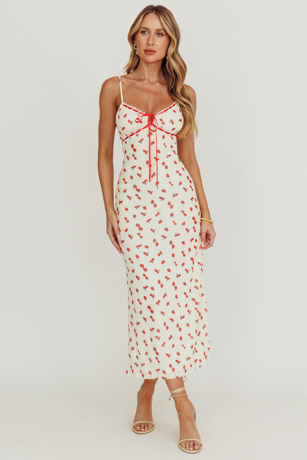 Heart Ablaze Strawberry Cherry Print Midi Dress Cream by Selfie Leslie