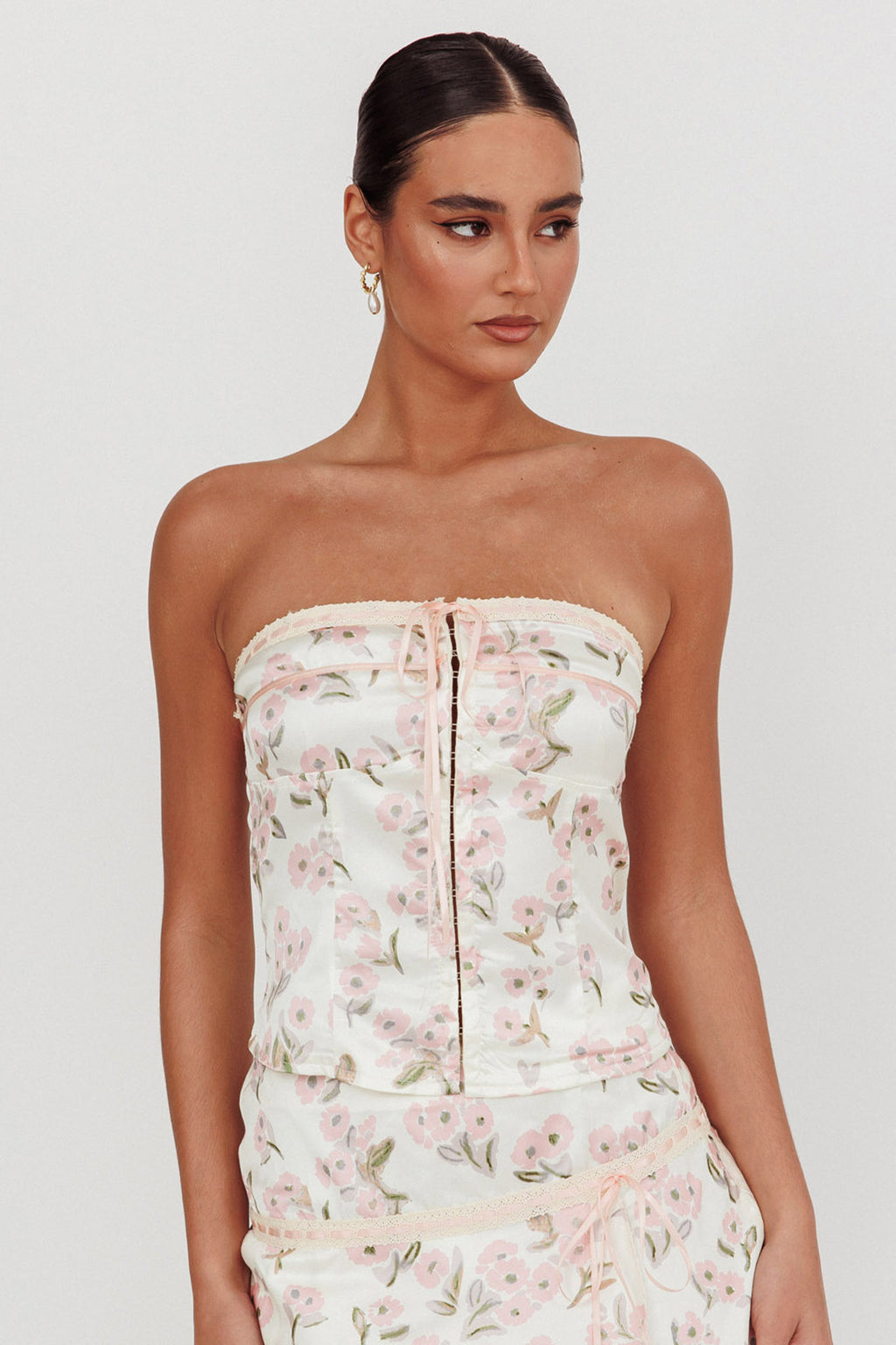 Tiya Strapless Ribbon Top Floral Pink by Selfie Leslie