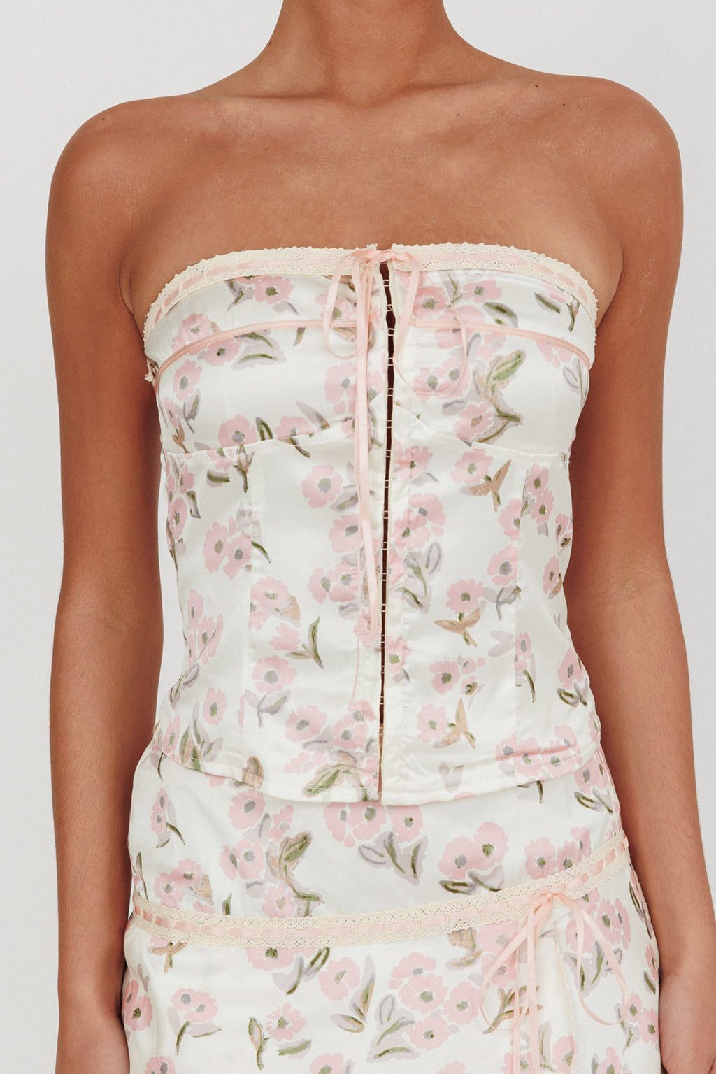 Tiya Strapless Ribbon Top Floral Pink by Selfie Leslie