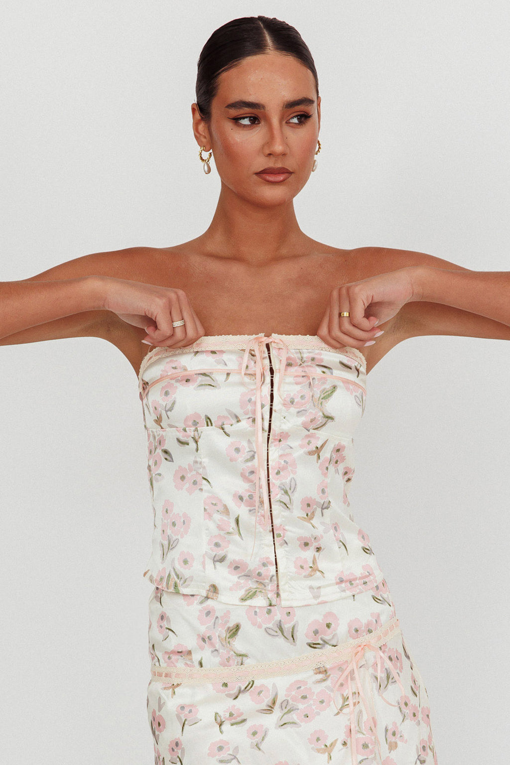 Tiya Strapless Ribbon Top Floral Pink by Selfie Leslie