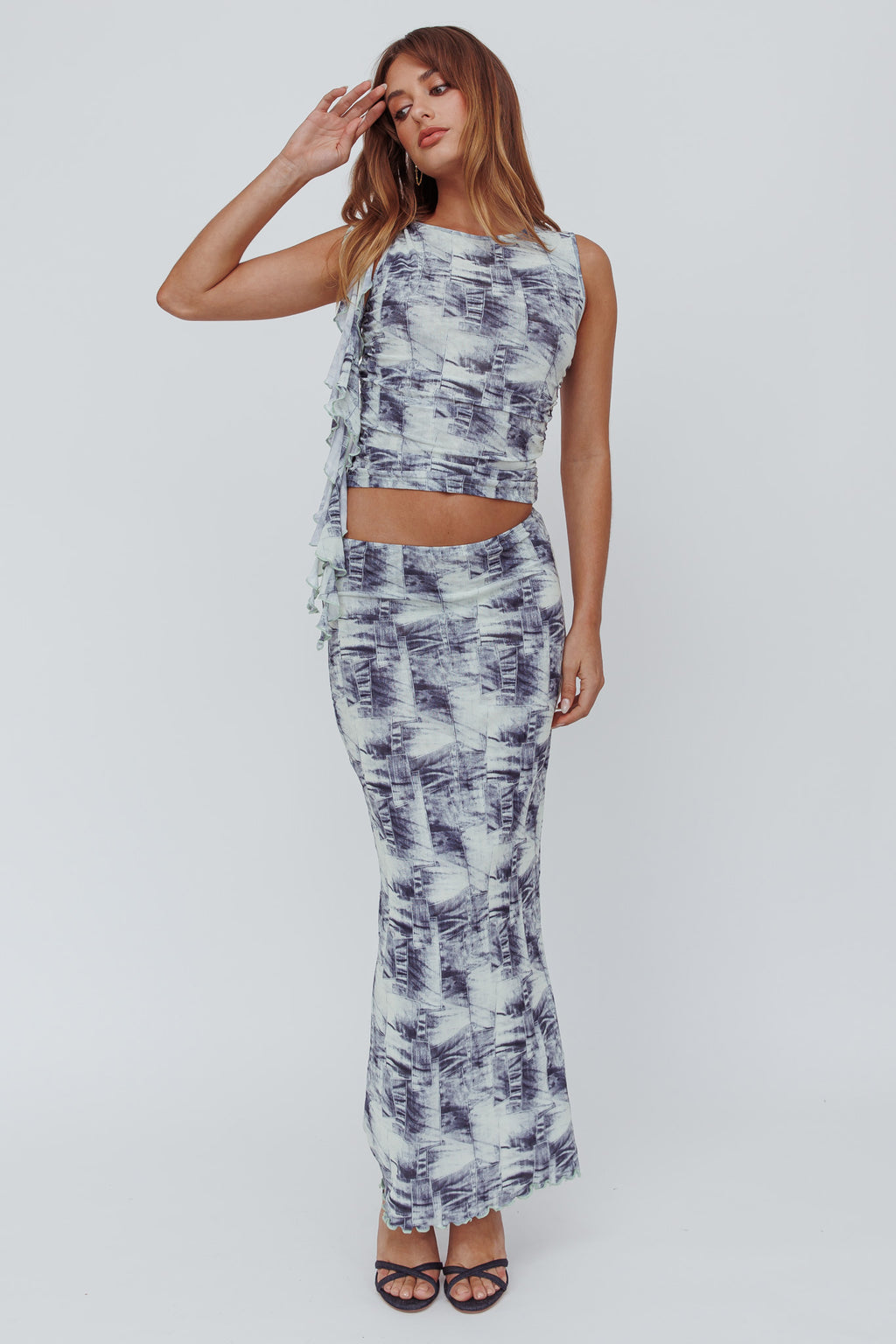 Conspire Print Maxi Skirt Blue Denim by Selfie Leslie