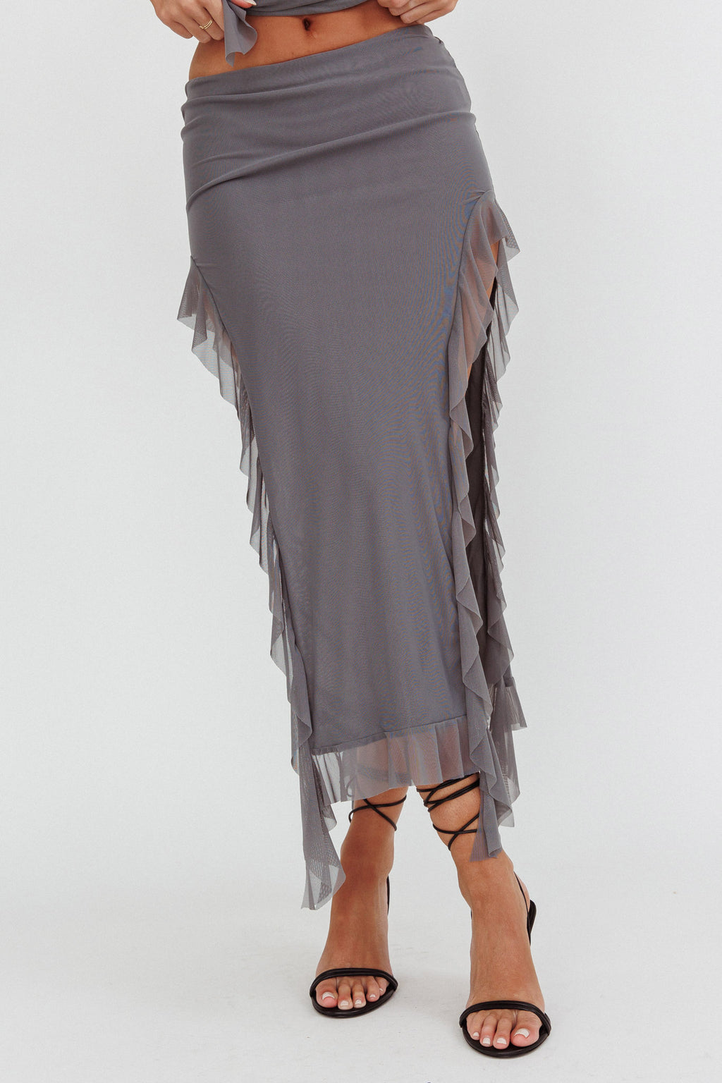 Hallucination Side Split Ruffle Midi Skirt Cement by Selfie Leslie