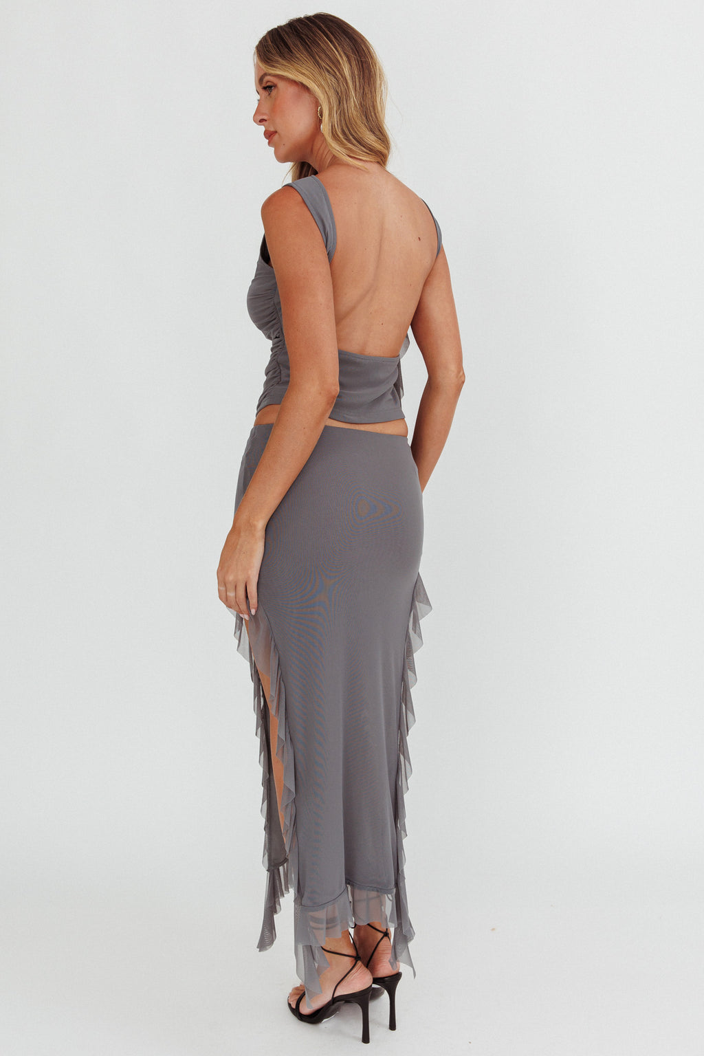 Hallucination Side Split Ruffle Midi Skirt Cement by Selfie Leslie