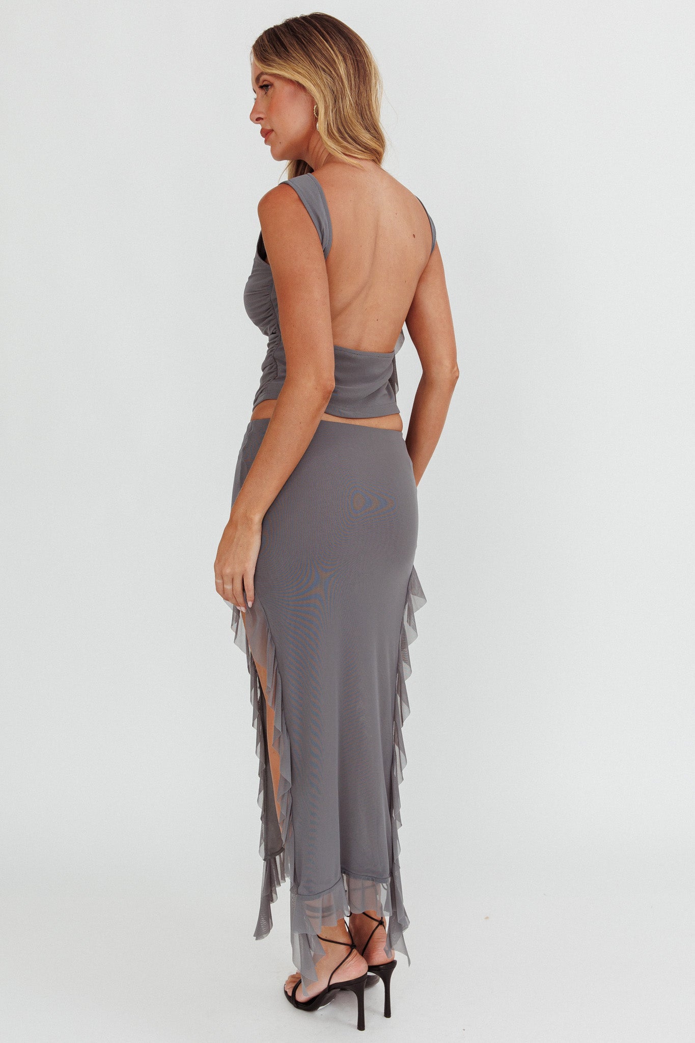 Hallucination Side Split Ruffle Midi Skirt Cement by Selfie Leslie