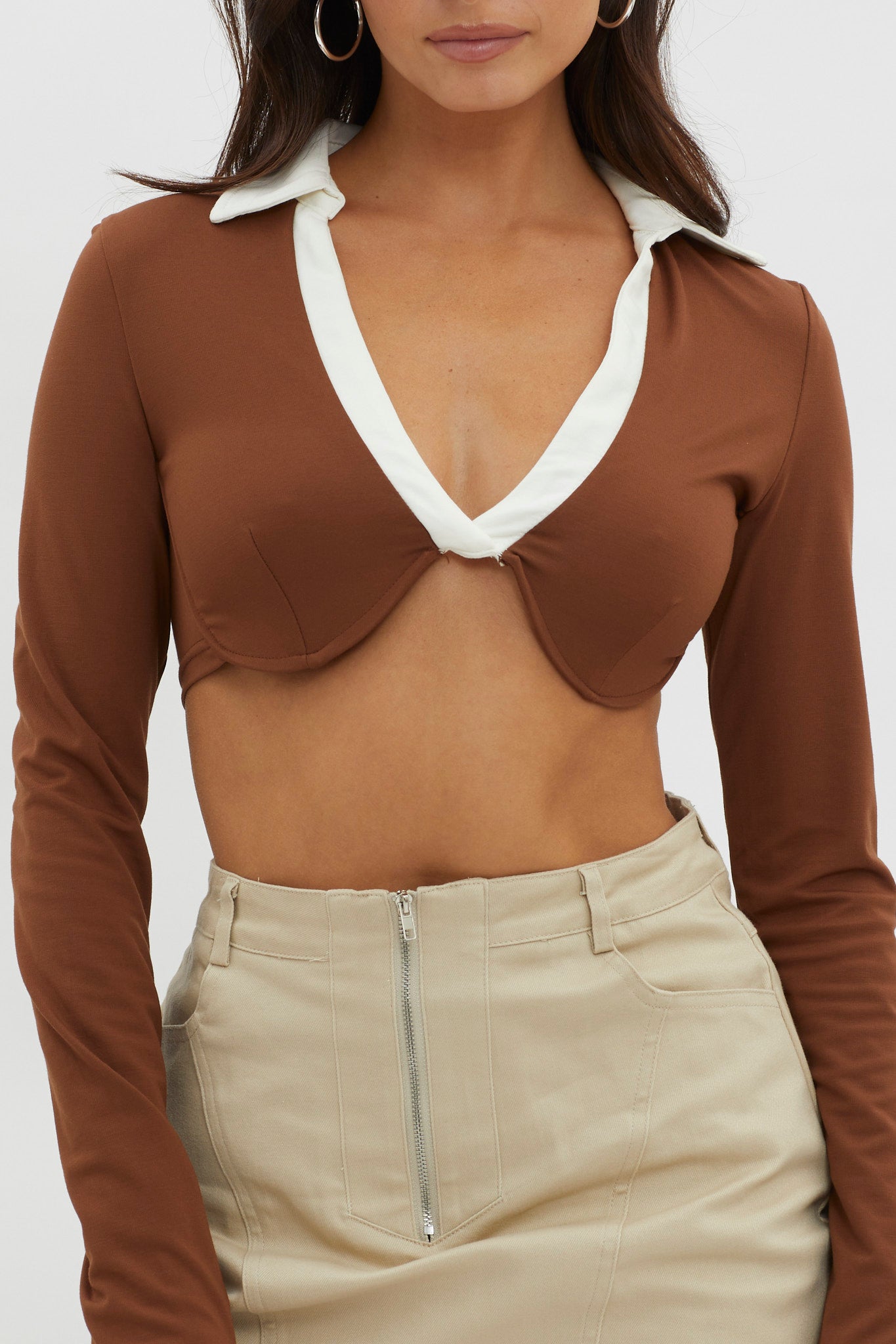 Mic Drop Collared Crop Top Chocolate by Selfie Leslie