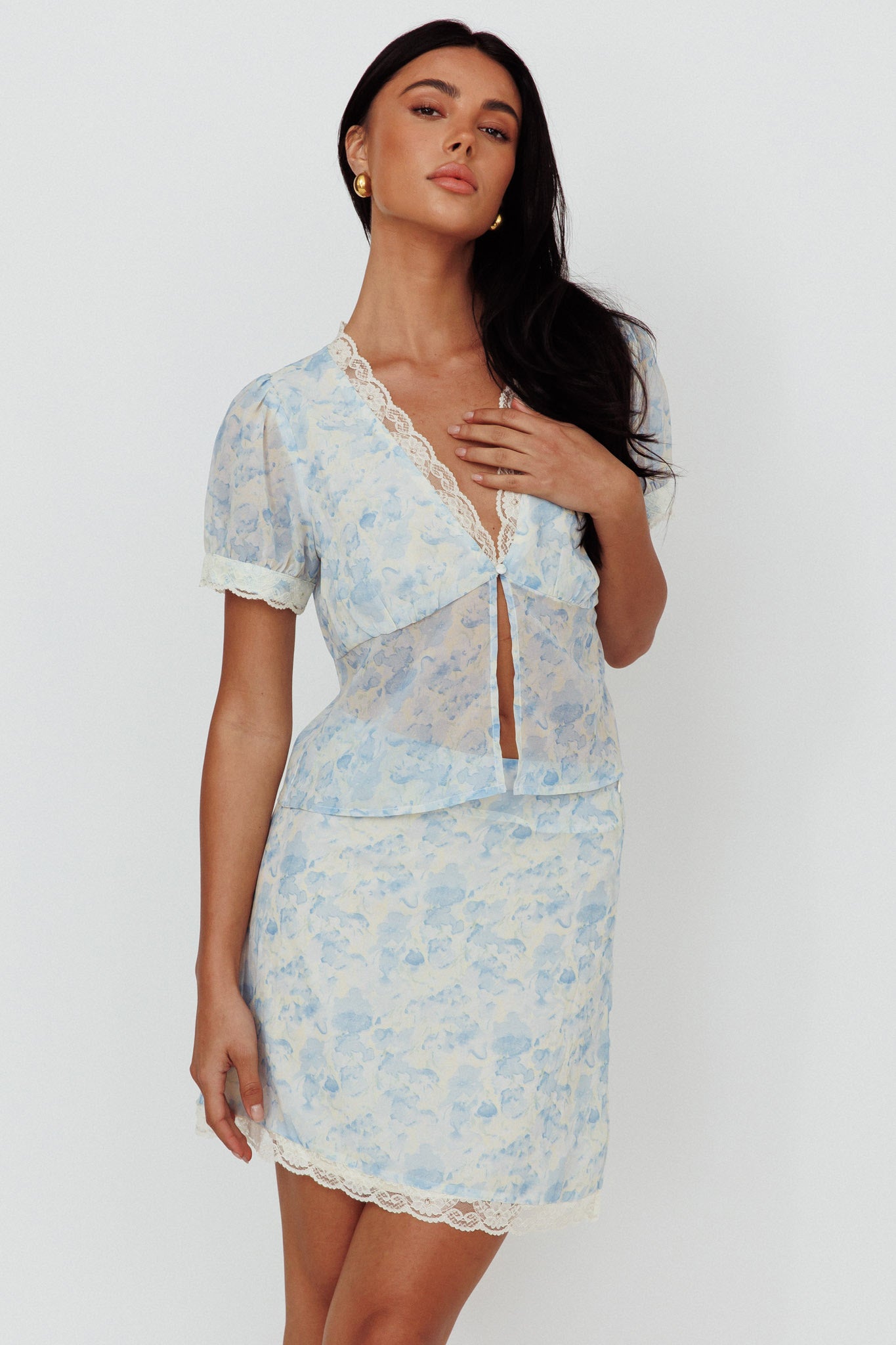 Palmer Lace Trim Blouse Top Blue by Selfie Leslie