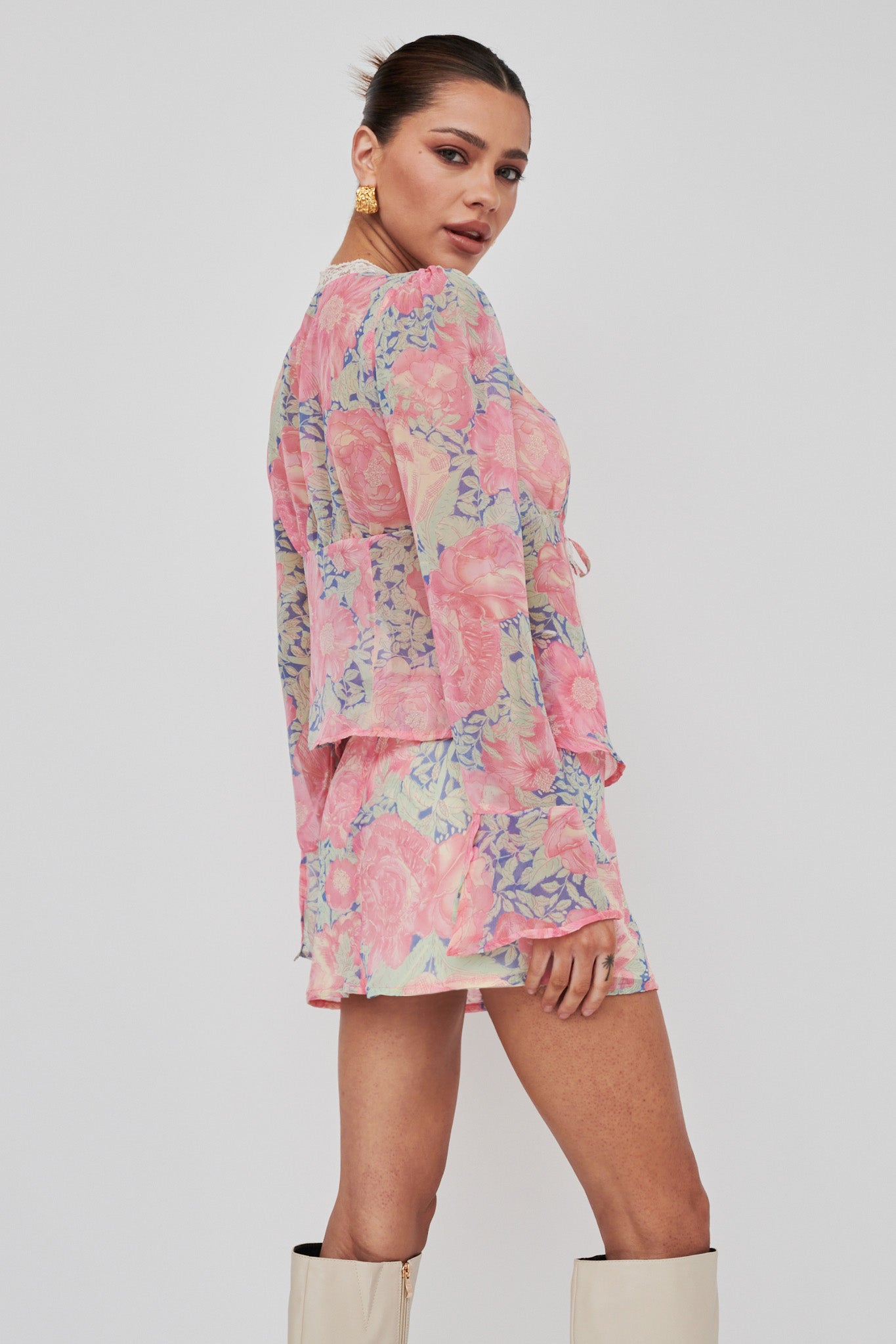 Sincerity Long Sleeve Tie Front Top Print Blue by Selfie Leslie
