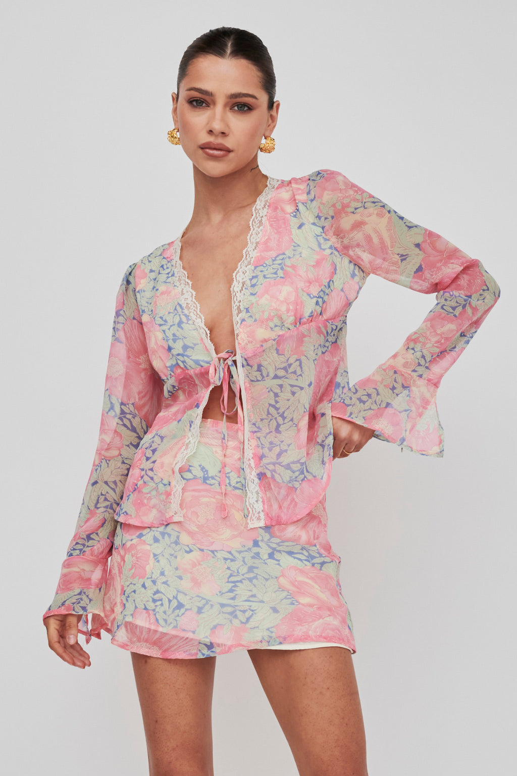 Sincerity Long Sleeve Tie Front Top Print Blue by Selfie Leslie