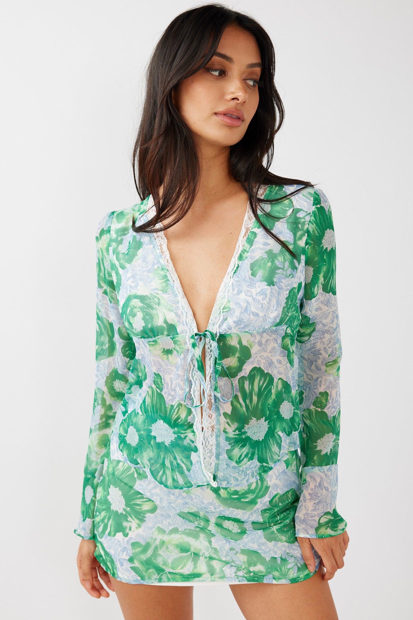Sincerity Long Sleeve Tie Front Top Print Green by Selfie Leslie