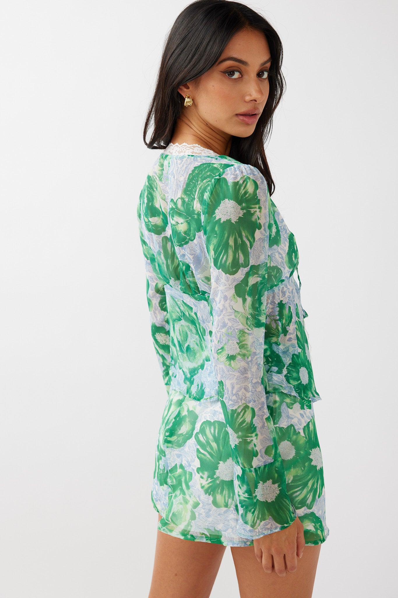 Sincerity Long Sleeve Tie Front Top Print Green by Selfie Leslie