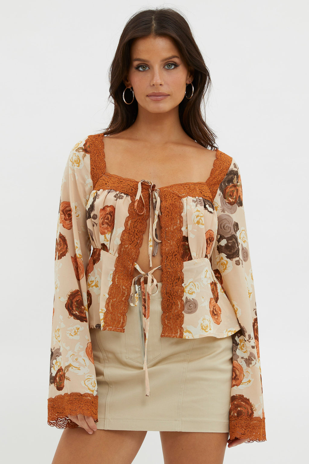 Moxie Tie Front Lace Trim Top Brown by Selfie Leslie