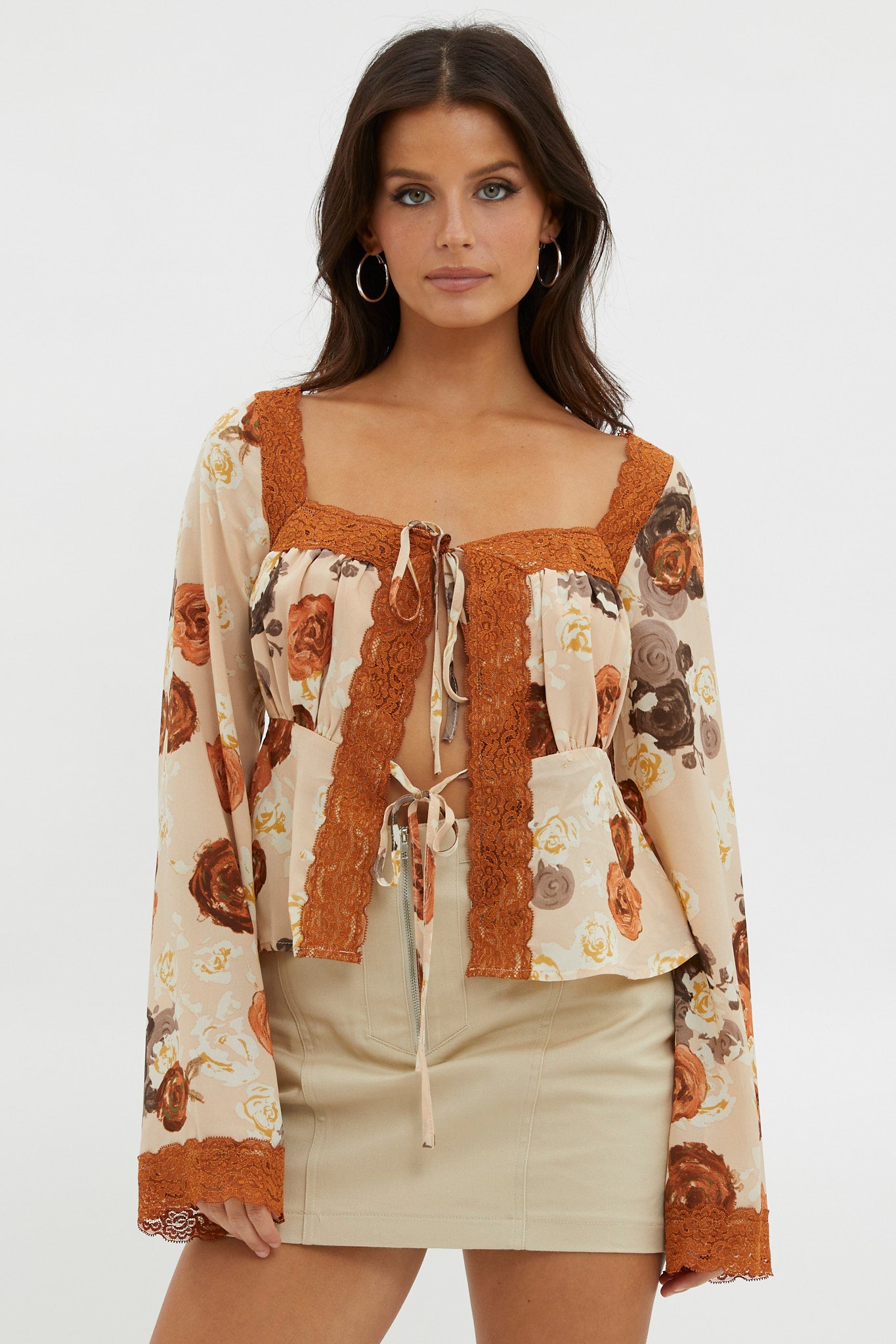 Moxie Tie Front Lace Trim Top Brown by Selfie Leslie