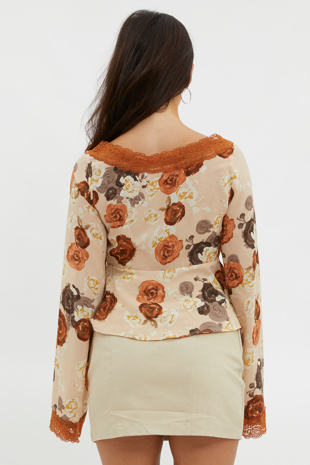 Moxie Tie Front Lace Trim Top Brown by Selfie Leslie