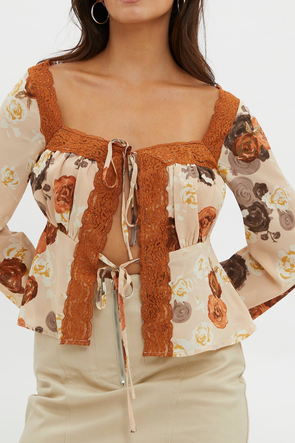 Moxie Tie Front Lace Trim Top Brown by Selfie Leslie