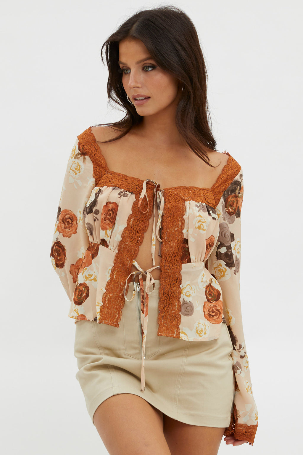Moxie Tie Front Lace Trim Top Brown by Selfie Leslie