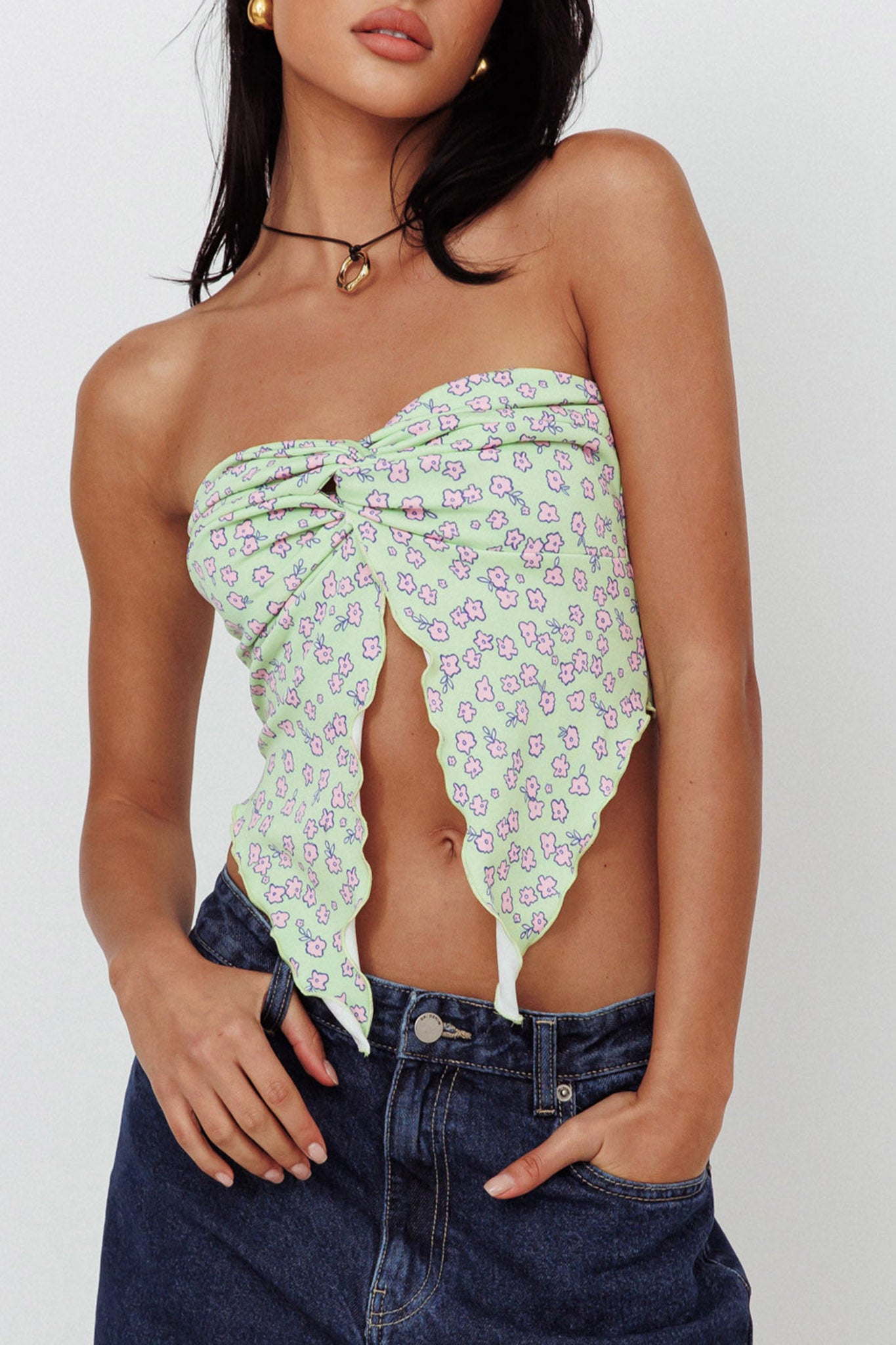 Lulu Strapless Crop Top Lime/Pink by Selfie Leslie