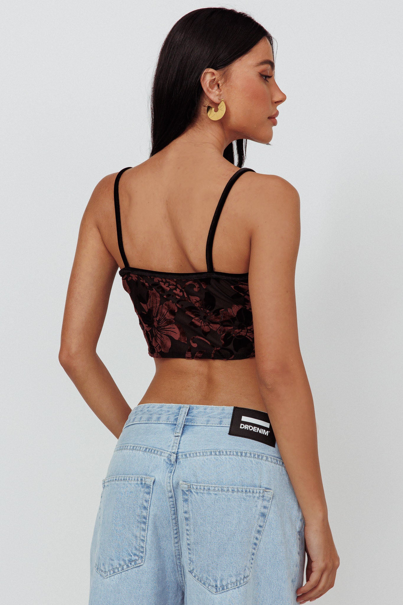 Caught Feelings Floral Velour Crop Top Black/Brown by Selfie Leslie