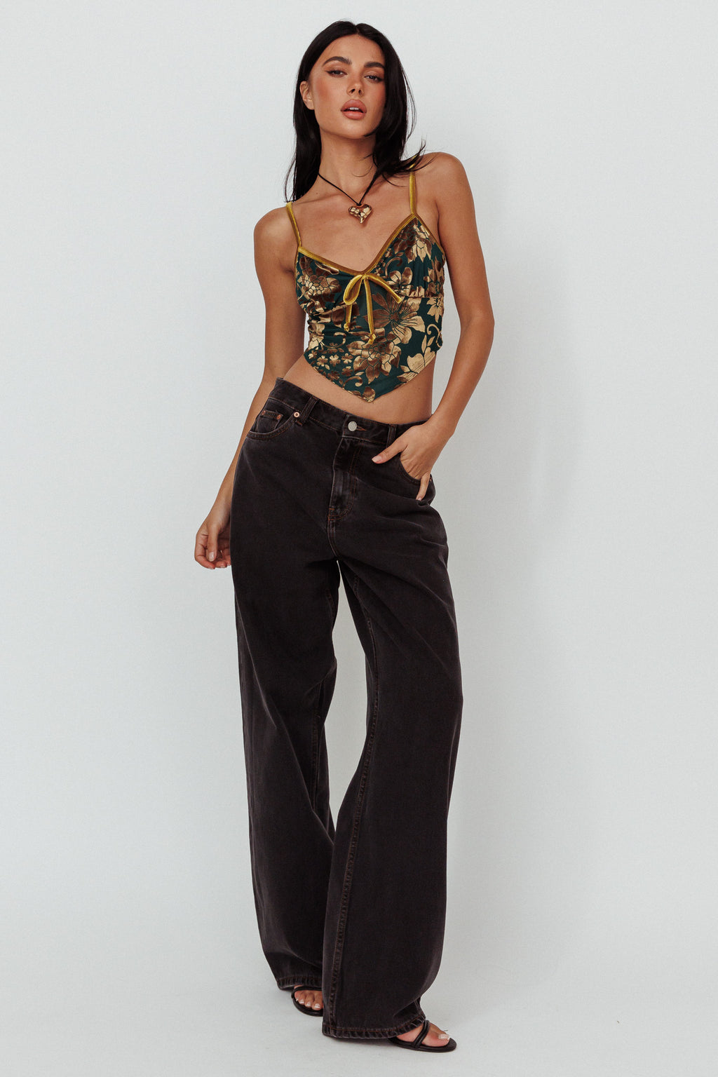 Caught Feelings Floral Velour Crop Top Green/Gold by Selfie Leslie