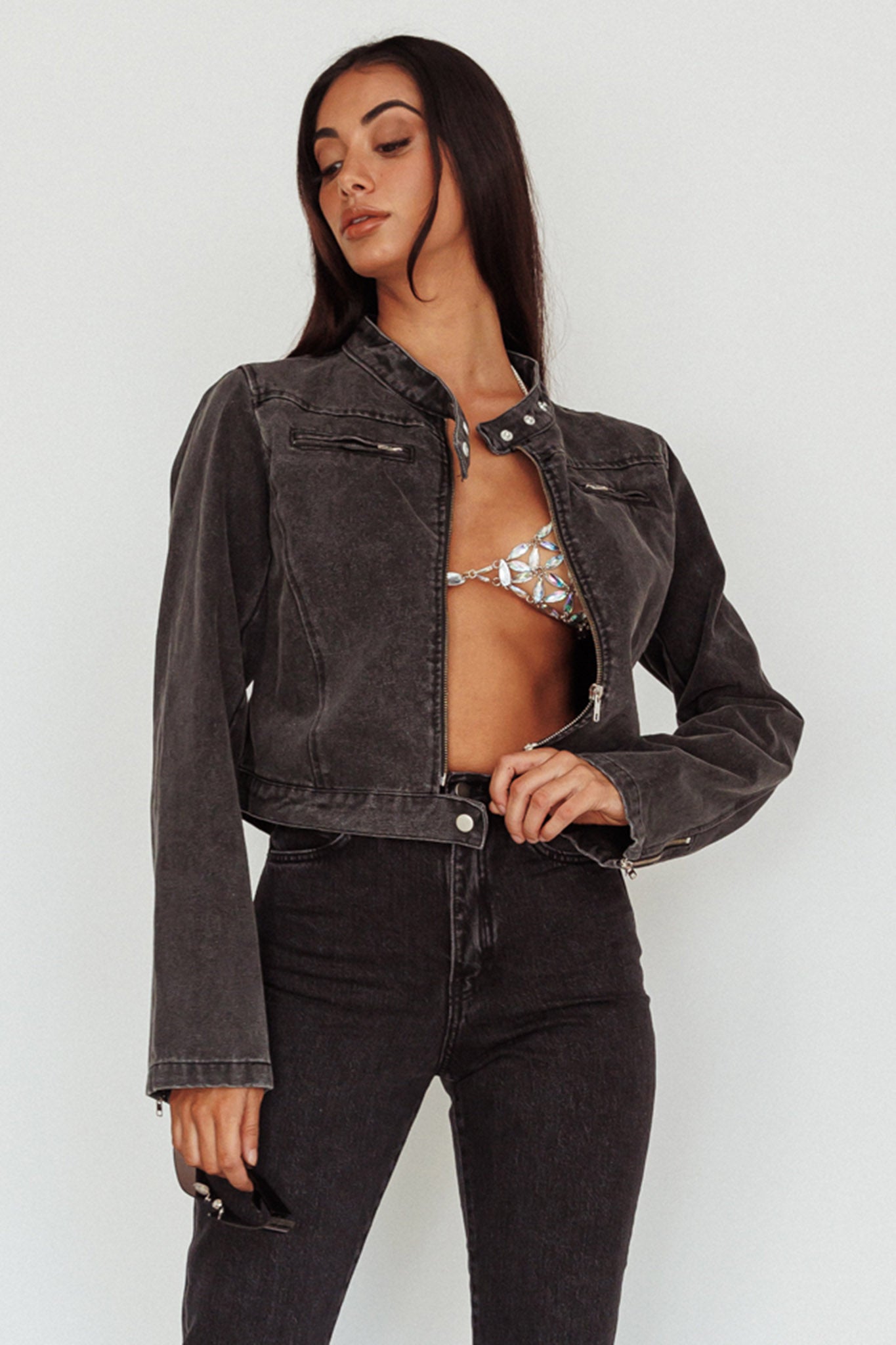 Girona Zipper Jacket Black Denim by Selfie Leslie
