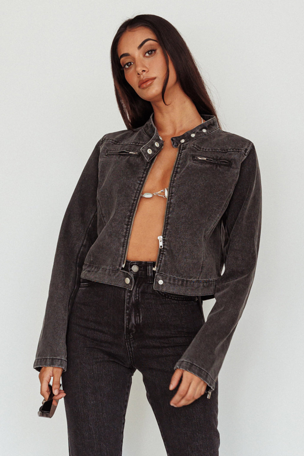 Girona Zipper Jacket Black Denim by Selfie Leslie