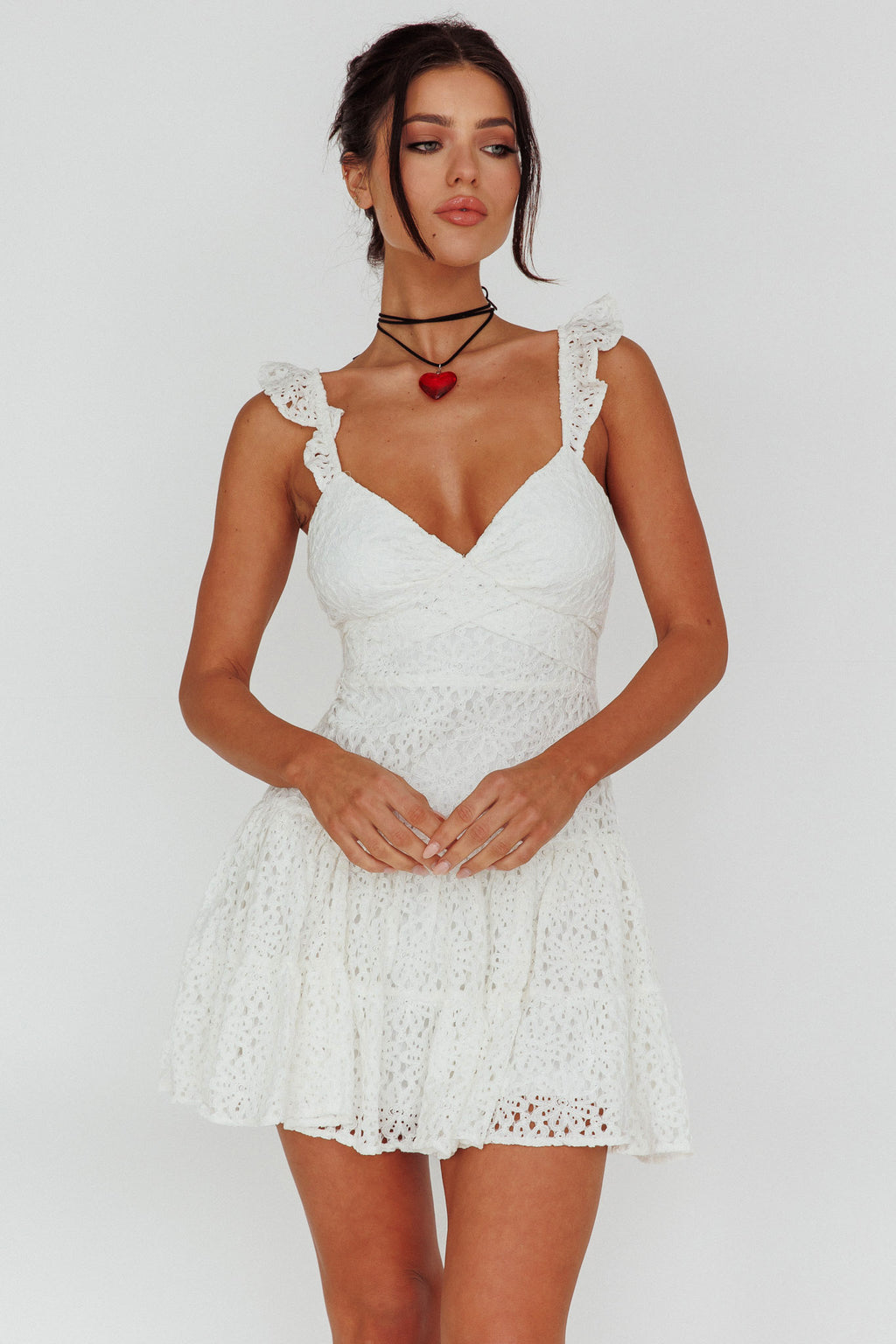 Short Notice Ruffle Strap Lace Mini Dress White by Selfie Leslie