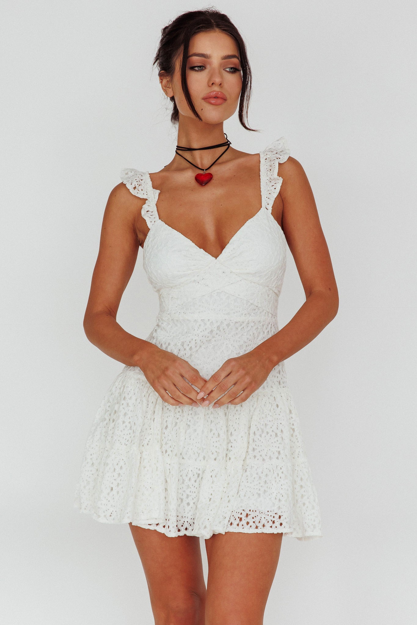 Short Notice Ruffle Strap Lace Mini Dress White by Selfie Leslie