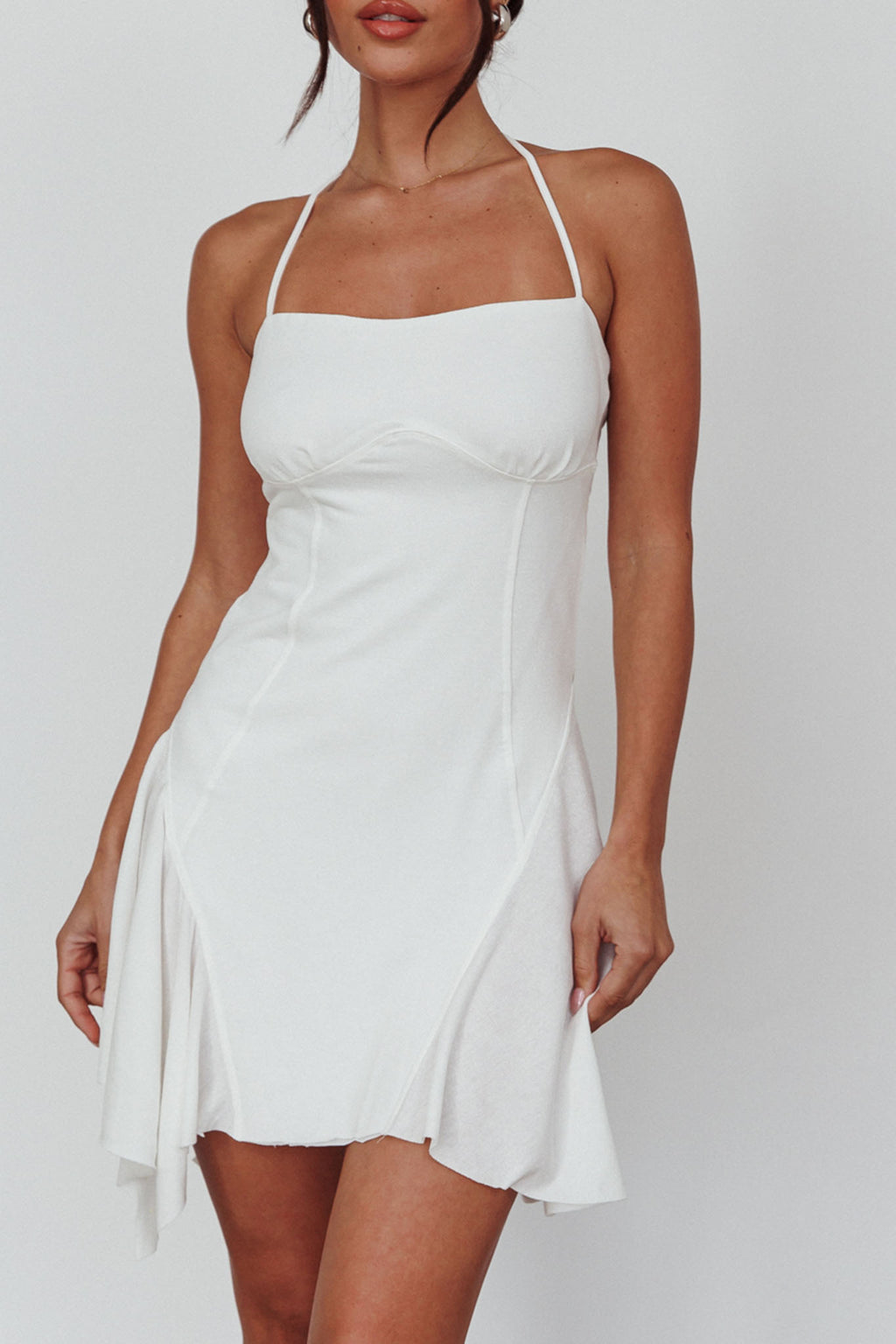 Sidonie Halterneck Godet Hem Mini Dress White by Selfie Leslie