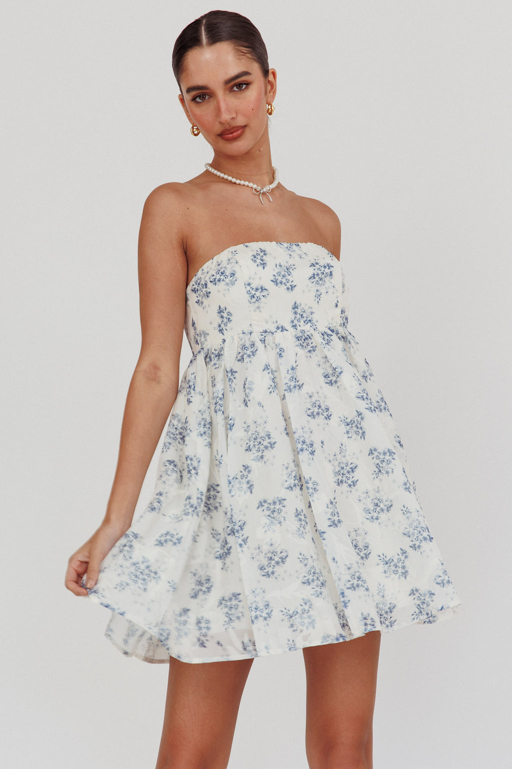 Vitoria Strapless Babydoll Dress Floral Blue by Selfie Leslie