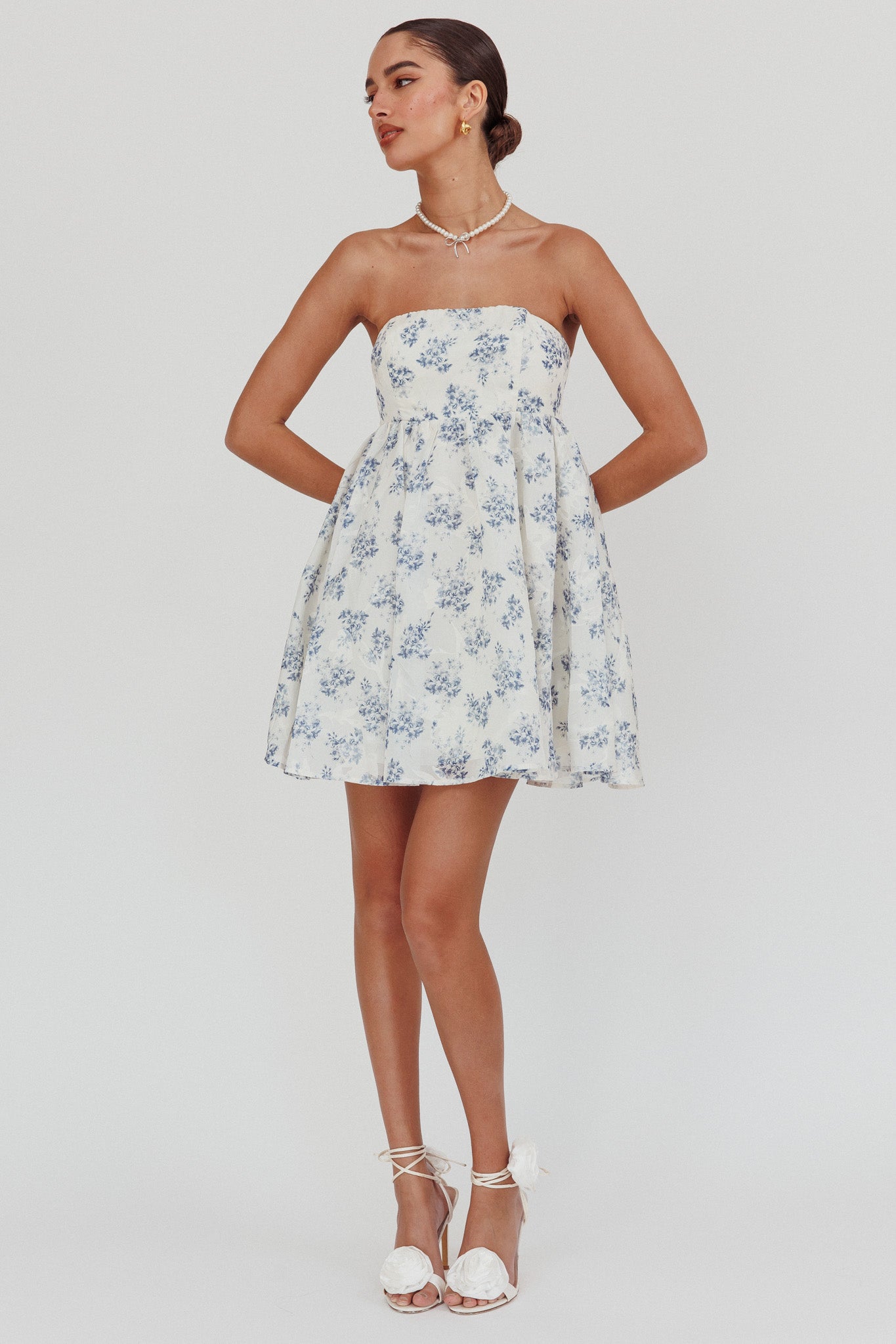 Vitoria Strapless Babydoll Dress Floral Blue