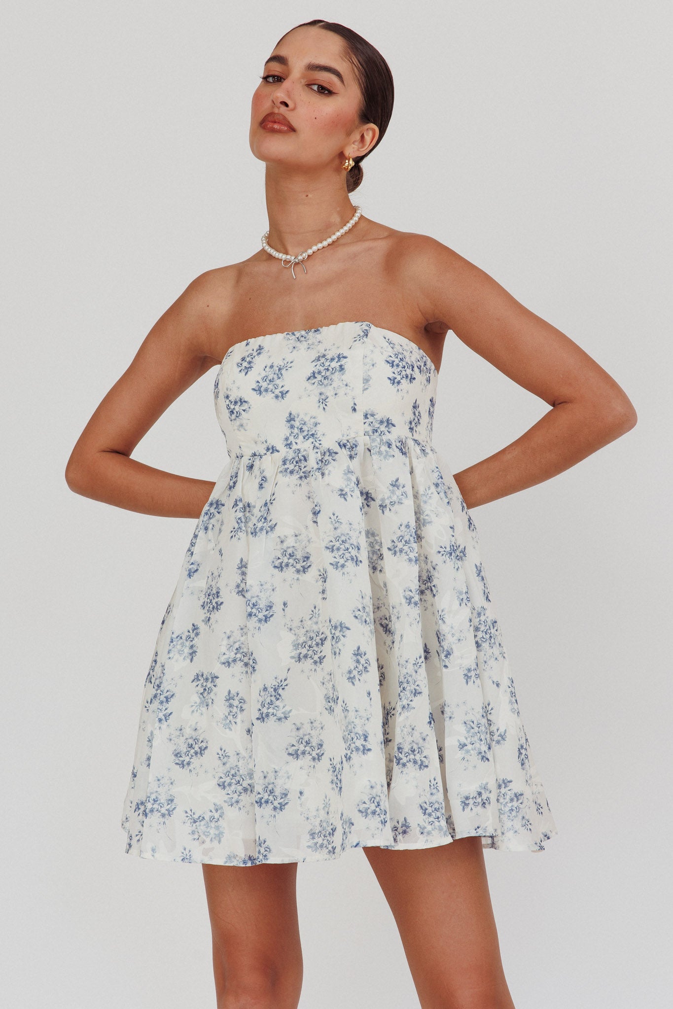 Vitoria Strapless Babydoll Dress Floral Blue by Selfie Leslie