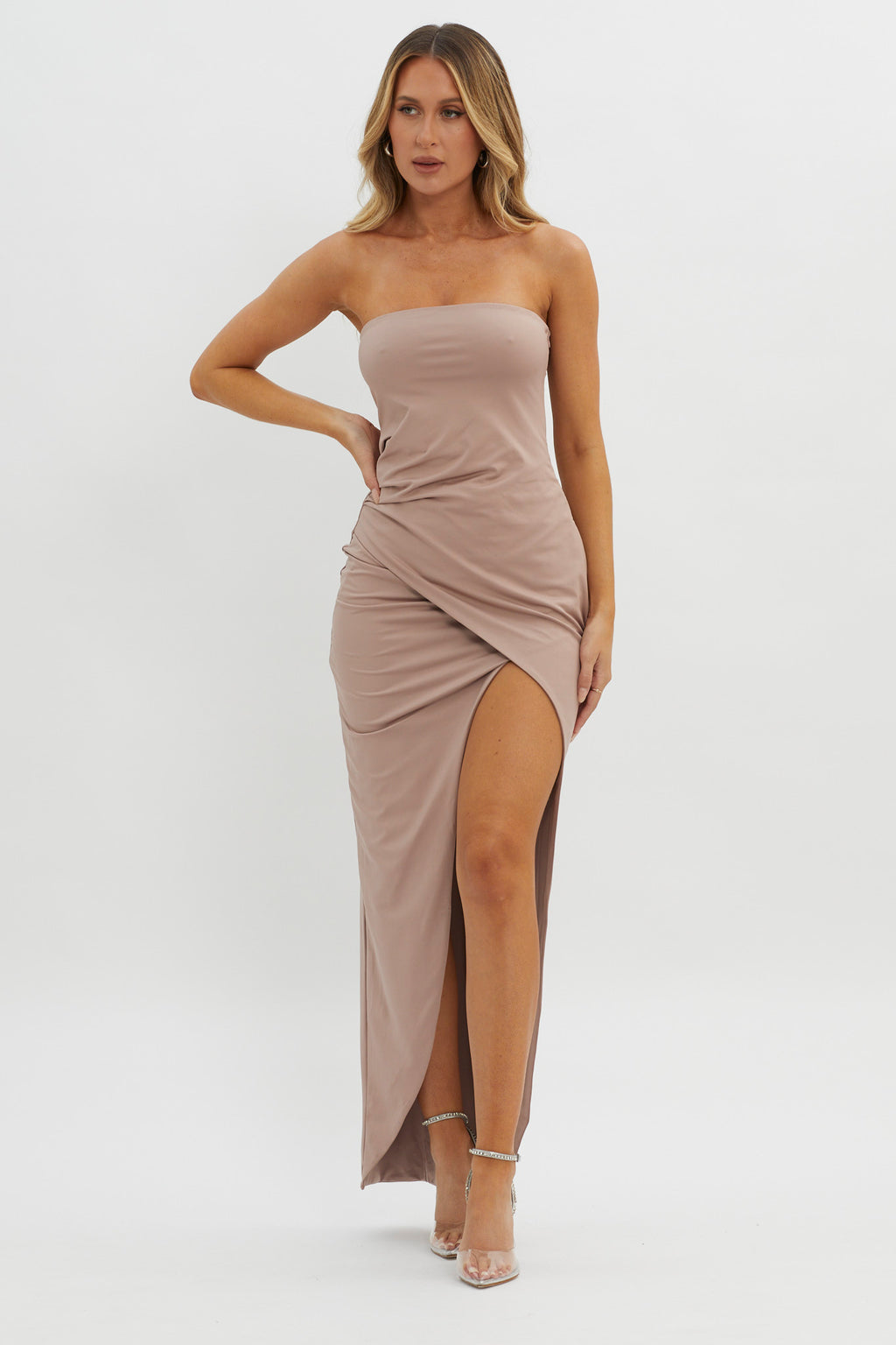 Evette Strapless Split Maxi Dress Tawny by Selfie Leslie