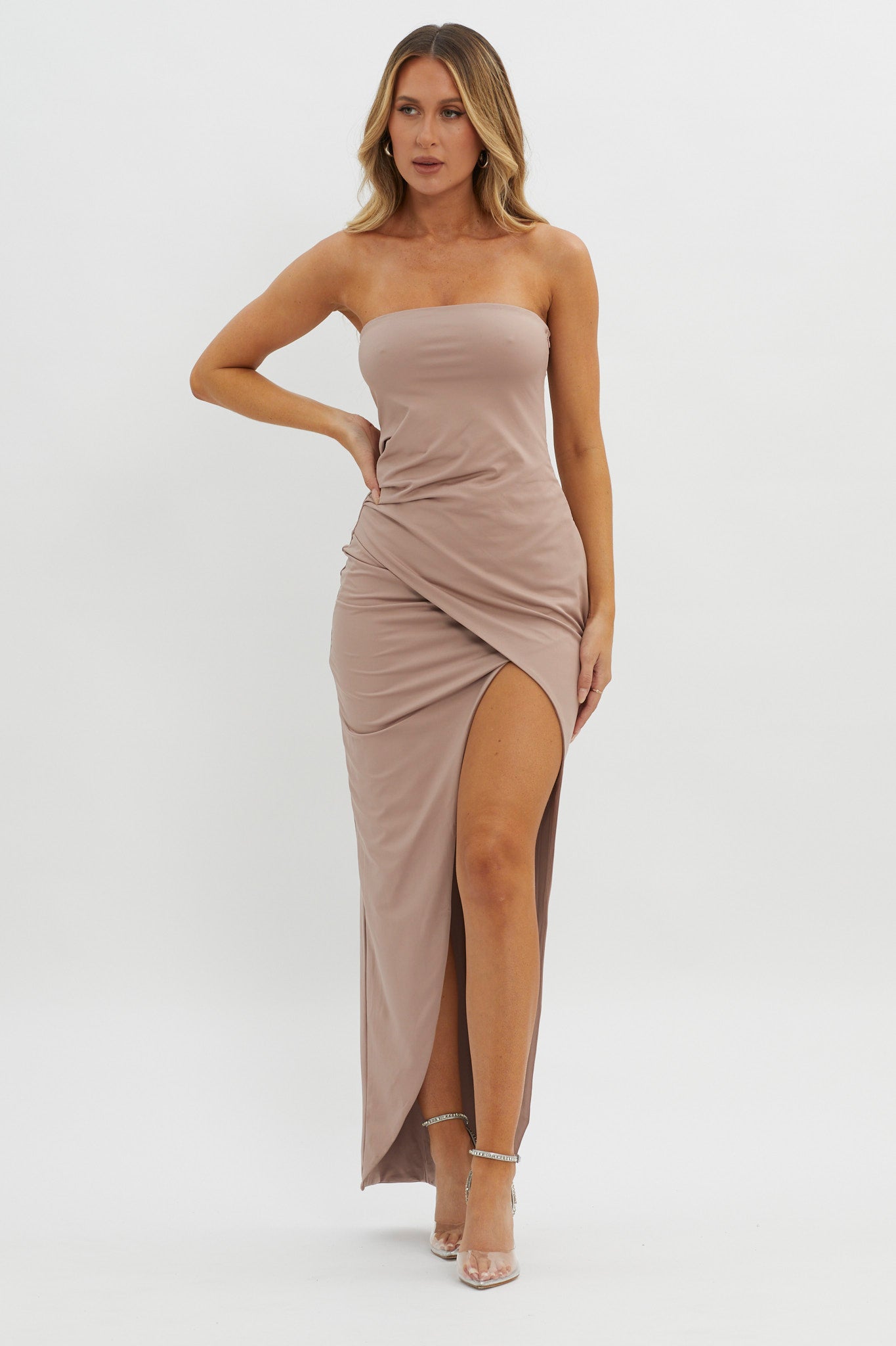 Evette Strapless Split Maxi Dress Tawny by Selfie Leslie