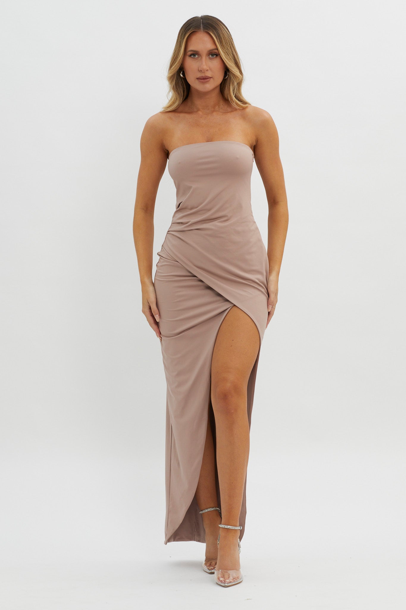 Evette Strapless Split Maxi Dress Tawny by Selfie Leslie