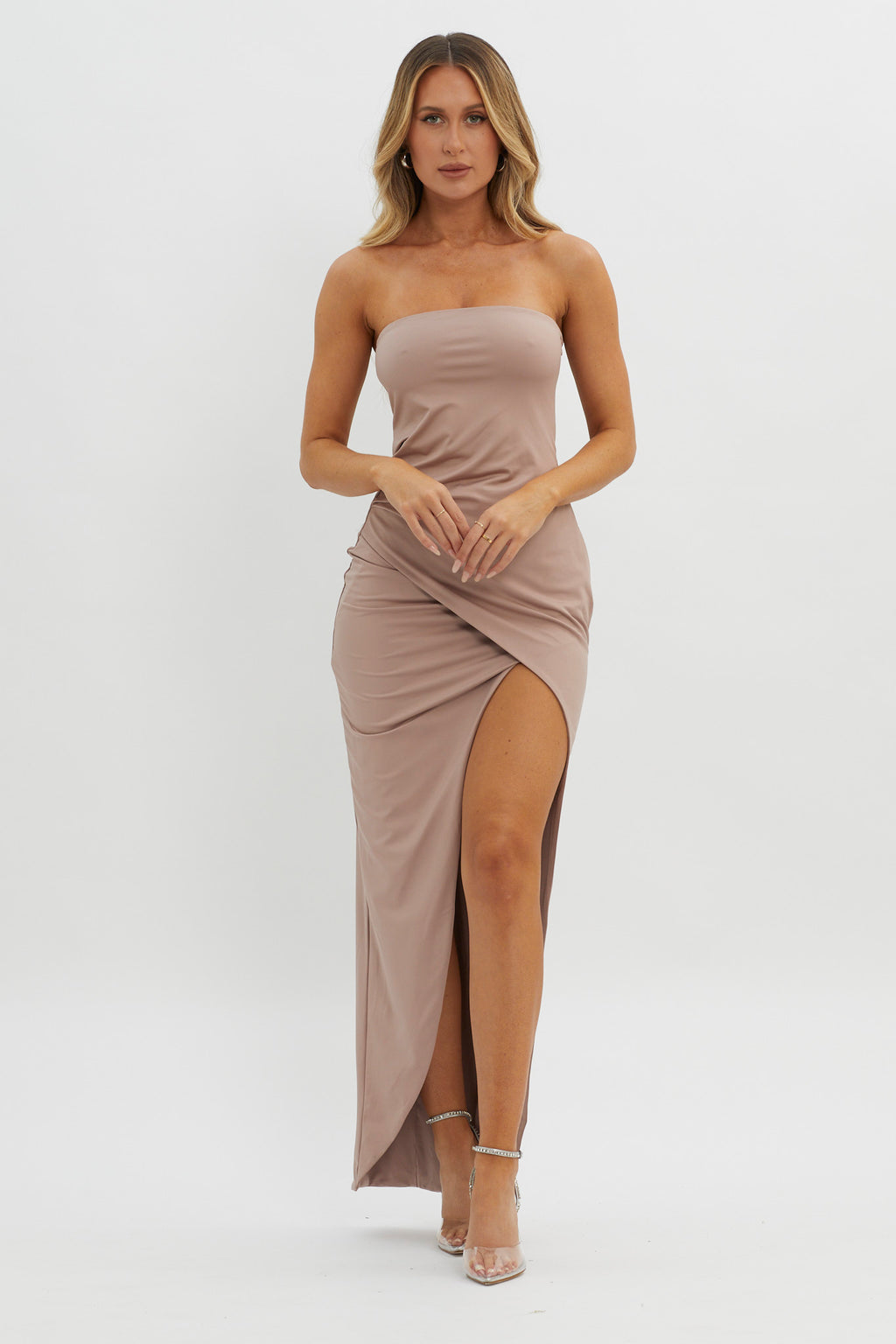 Evette Strapless Split Maxi Dress Tawny by Selfie Leslie