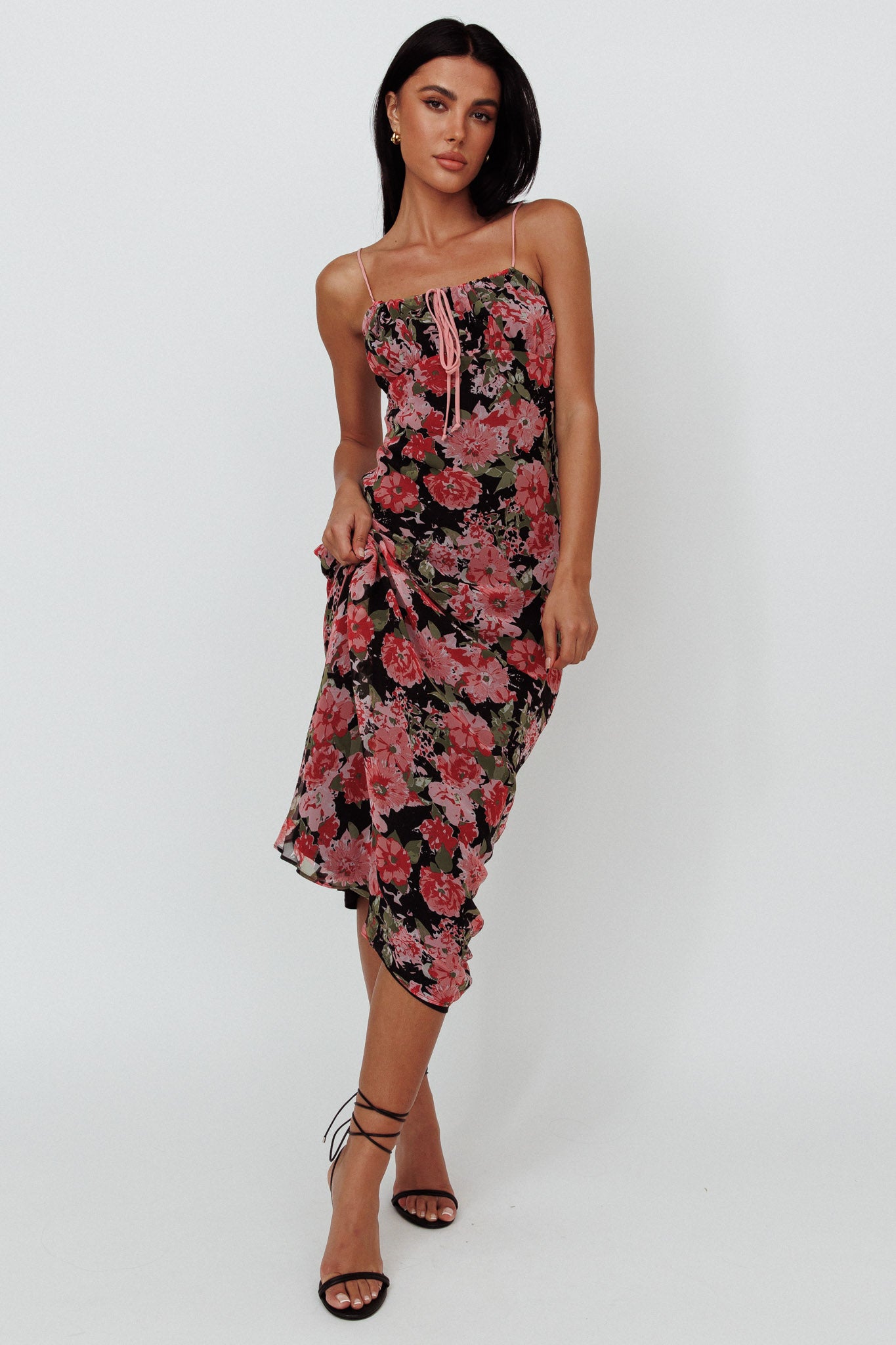 Essence String Tie Bust Maxi Dress Floral Black by Selfie Leslie
