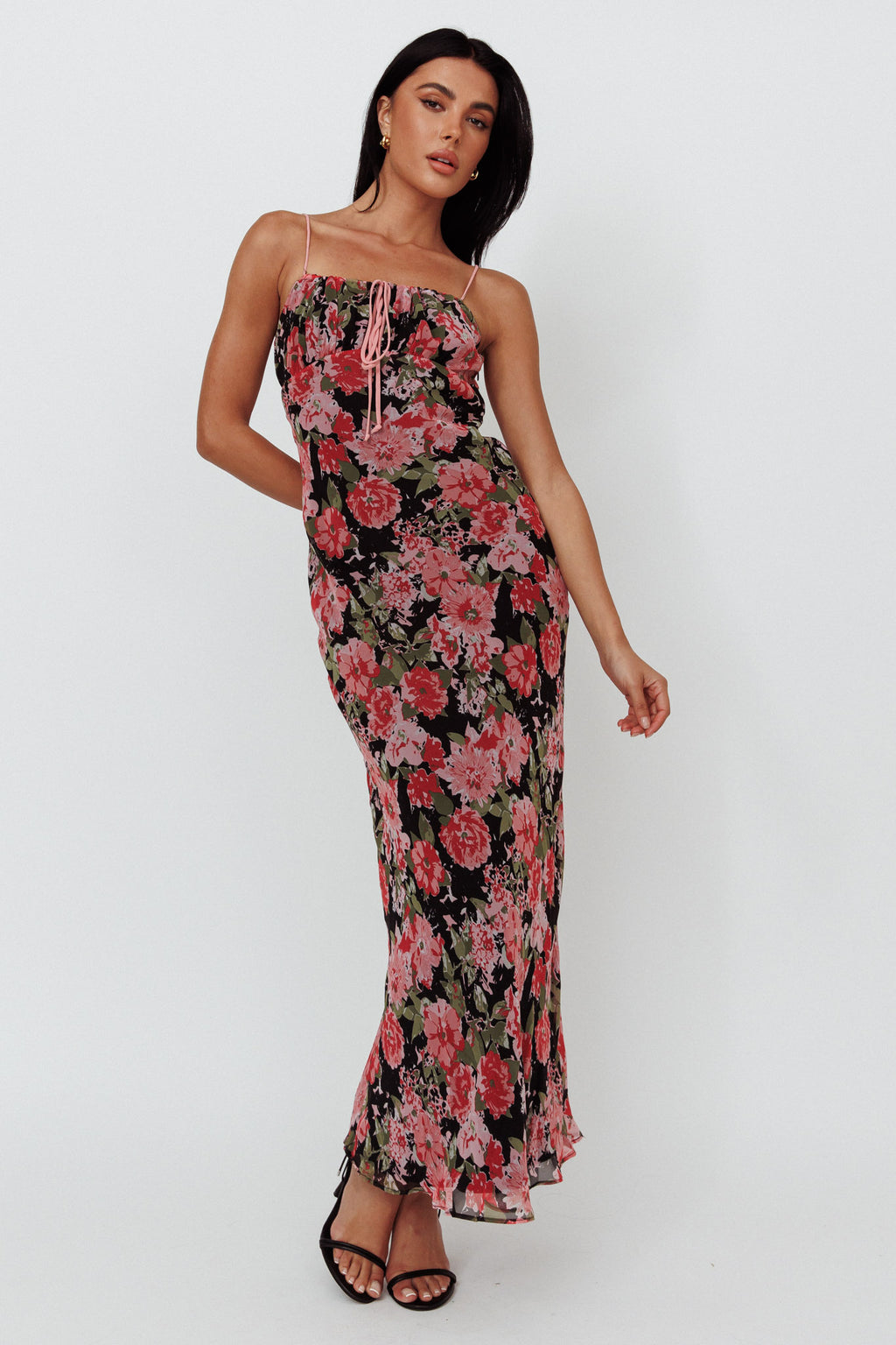 Essence String Tie Bust Maxi Dress Floral Black by Selfie Leslie